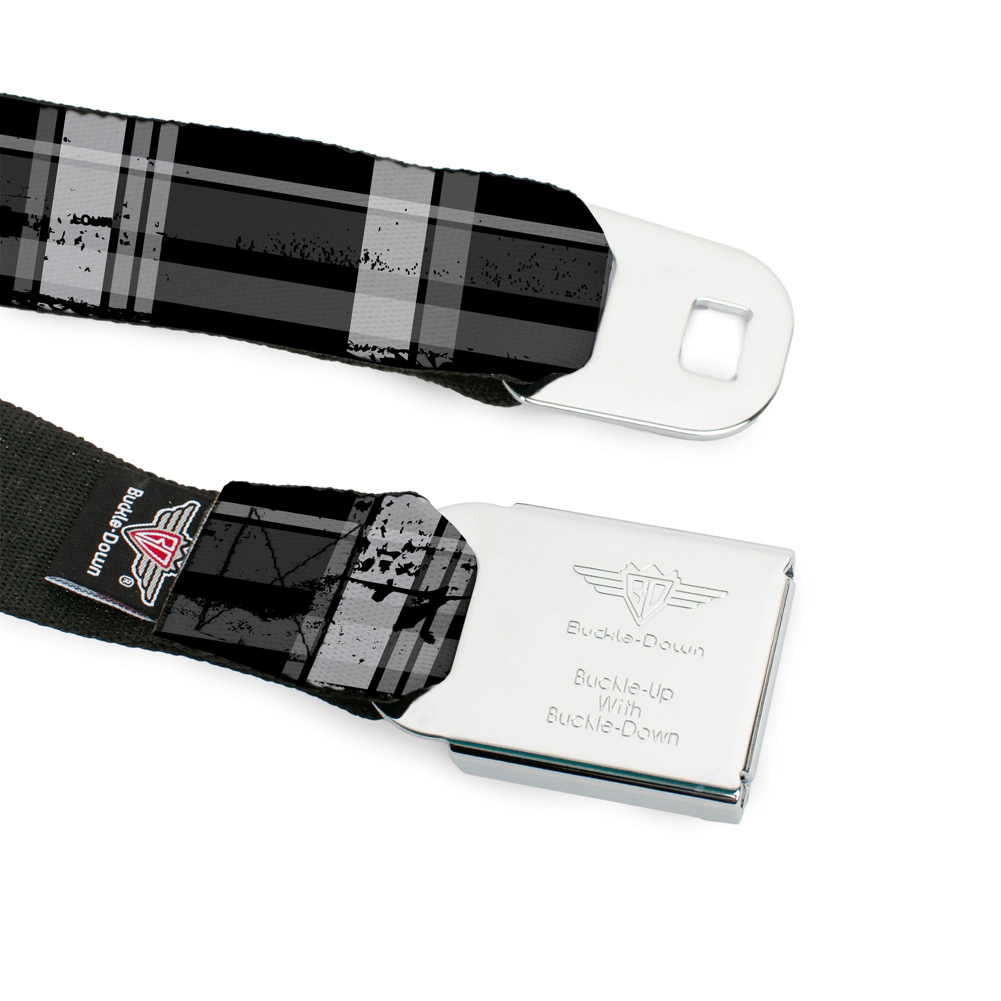 BD Wings Logo CLOSE-UP Full Color Black Silver Seatbelt Belt - Plaid Weathered Black/Gray/White Webbing Seatbelt Belts Buckle-Down