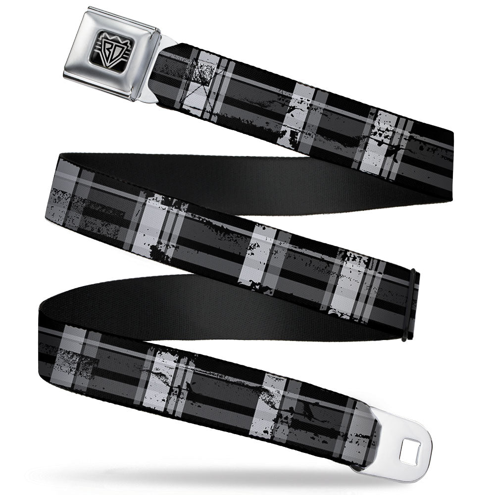 BD Wings Logo CLOSE-UP Full Color Black Silver Seatbelt Belt - Plaid Weathered Black/Gray/White Webbing Seatbelt Belts Buckle-Down