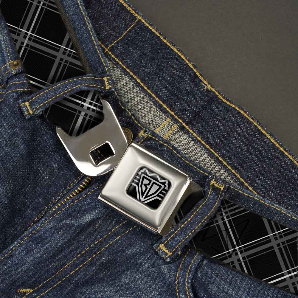 BD Wings Logo CLOSE-UP Full Color Black Silver Seatbelt Belt - Plaid X Black/Gray Webbing Seatbelt Belts Buckle-Down