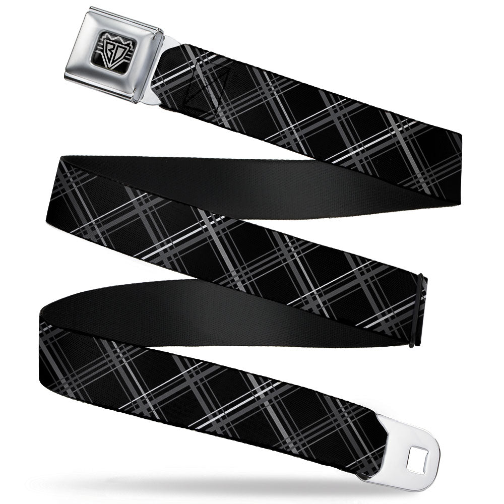 BD Wings Logo CLOSE-UP Full Color Black Silver Seatbelt Belt - Plaid X Black/Gray Webbing Seatbelt Belts Buckle-Down