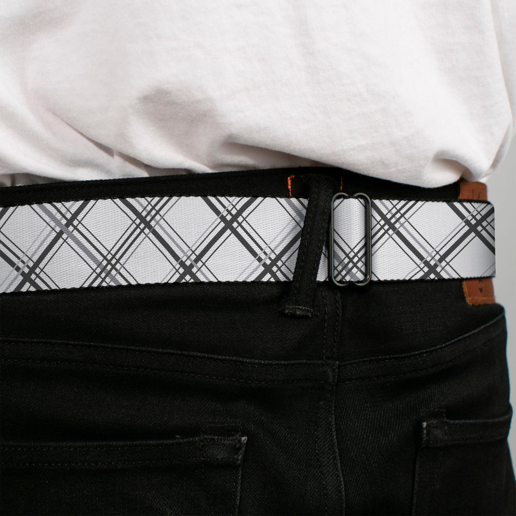 BD Wings Logo CLOSE-UP Full Color Black Silver Seatbelt Belt - Plaid X White/Gray Webbing Seatbelt Belts Buckle-Down