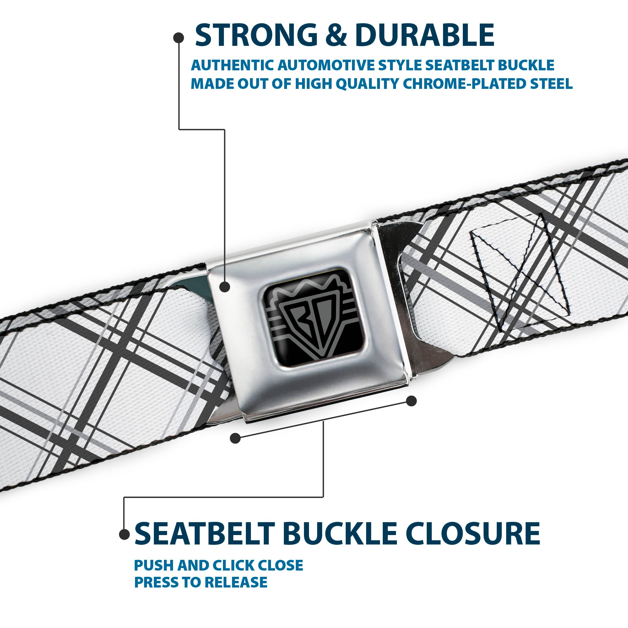 BD Wings Logo CLOSE-UP Full Color Black Silver Seatbelt Belt - Plaid X White/Gray Webbing Seatbelt Belts Buckle-Down