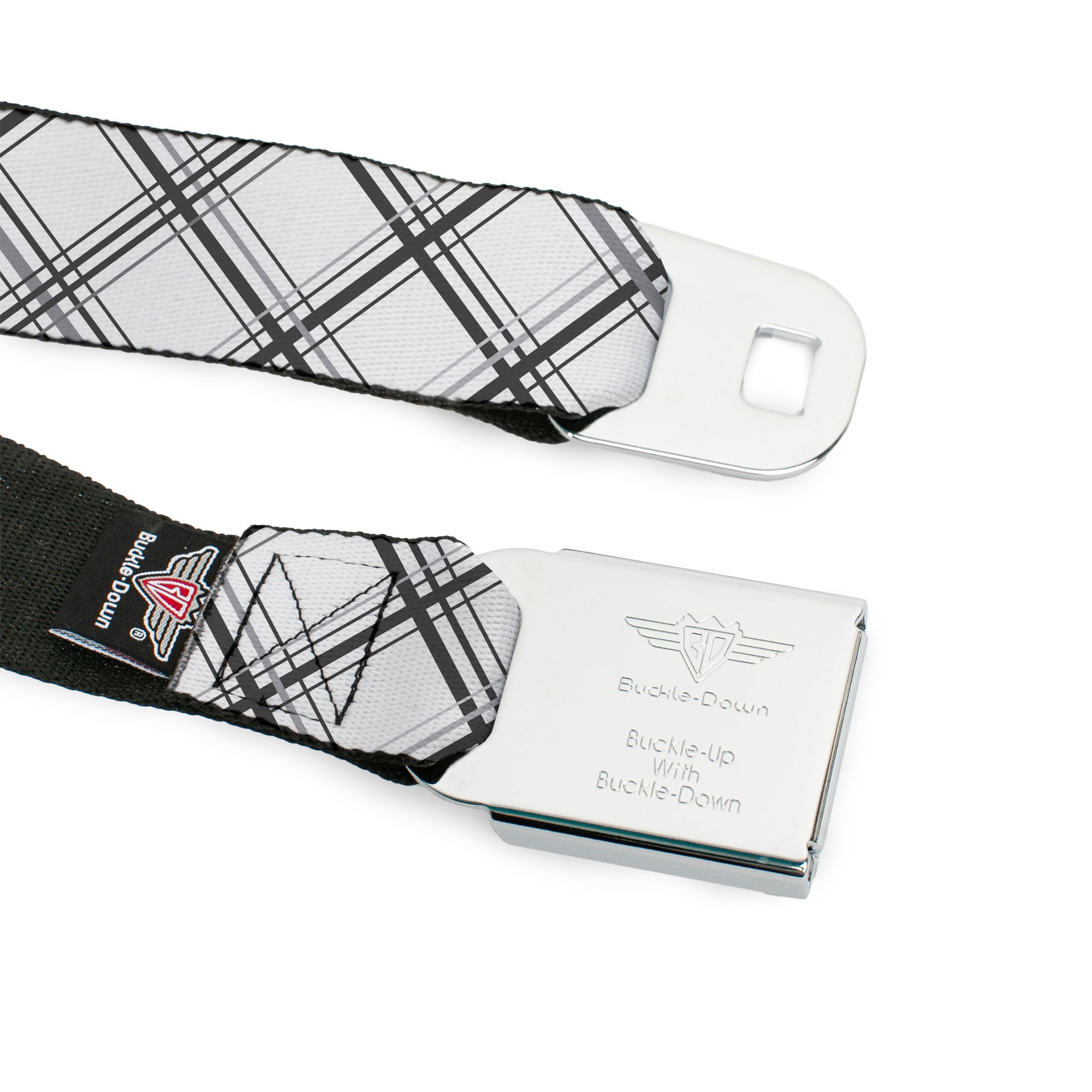 BD Wings Logo CLOSE-UP Full Color Black Silver Seatbelt Belt - Plaid X White/Gray Webbing Seatbelt Belts Buckle-Down
