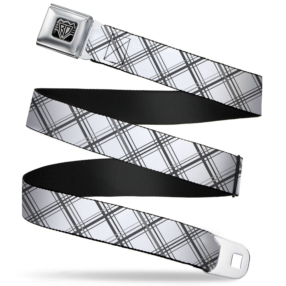 BD Wings Logo CLOSE-UP Full Color Black Silver Seatbelt Belt - Plaid X White/Gray Webbing Seatbelt Belts Buckle-Down