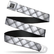 BD Wings Logo CLOSE-UP Full Color Black Silver Seatbelt Belt - Plaid X White/Gray Webbing Seatbelt Belts Buckle-Down