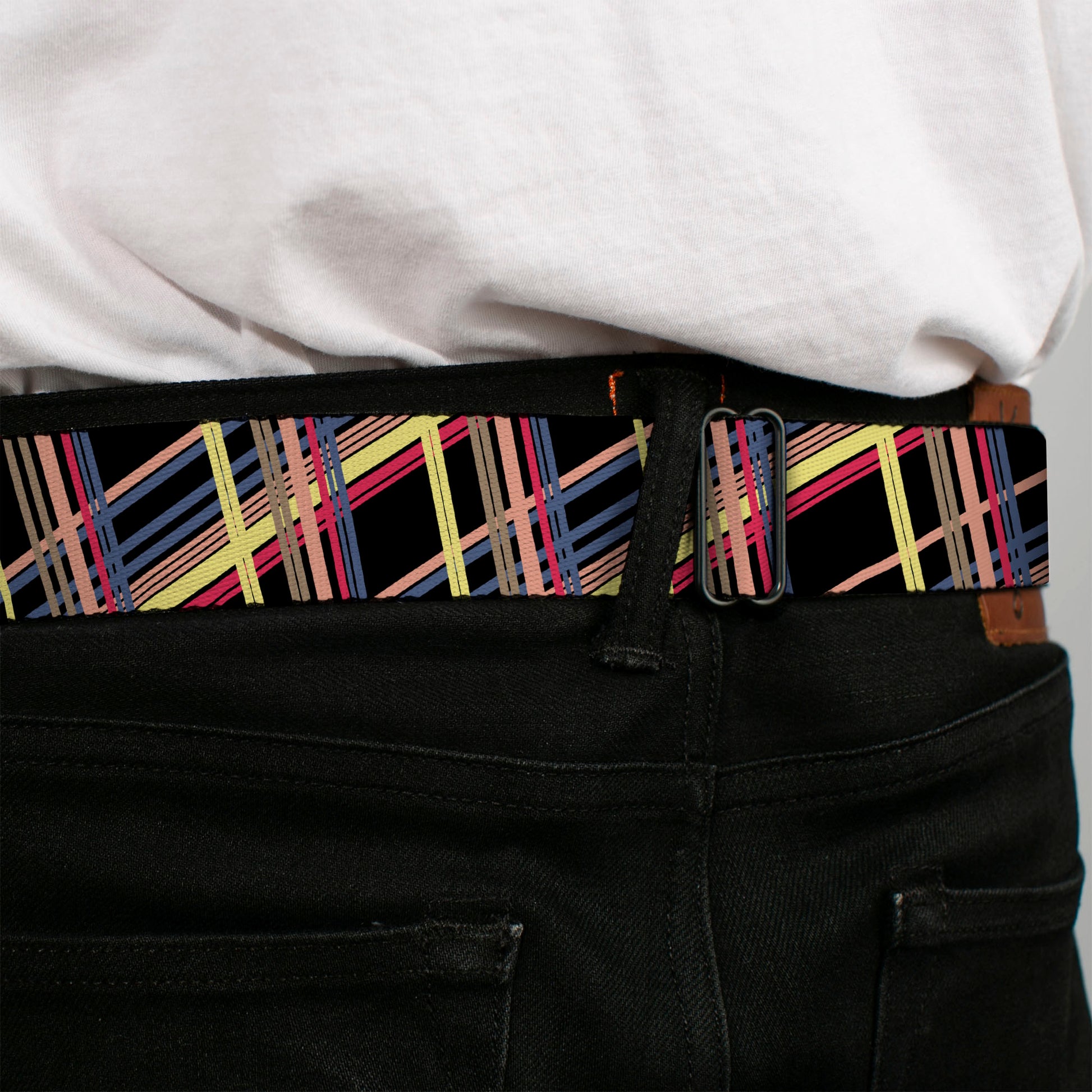 BD Wings Logo CLOSE-UP Full Color Black Silver Seatbelt Belt - Plaid Black/Yellow/Red/Blue/Orange Webbing Seatbelt Belts Buckle-Down