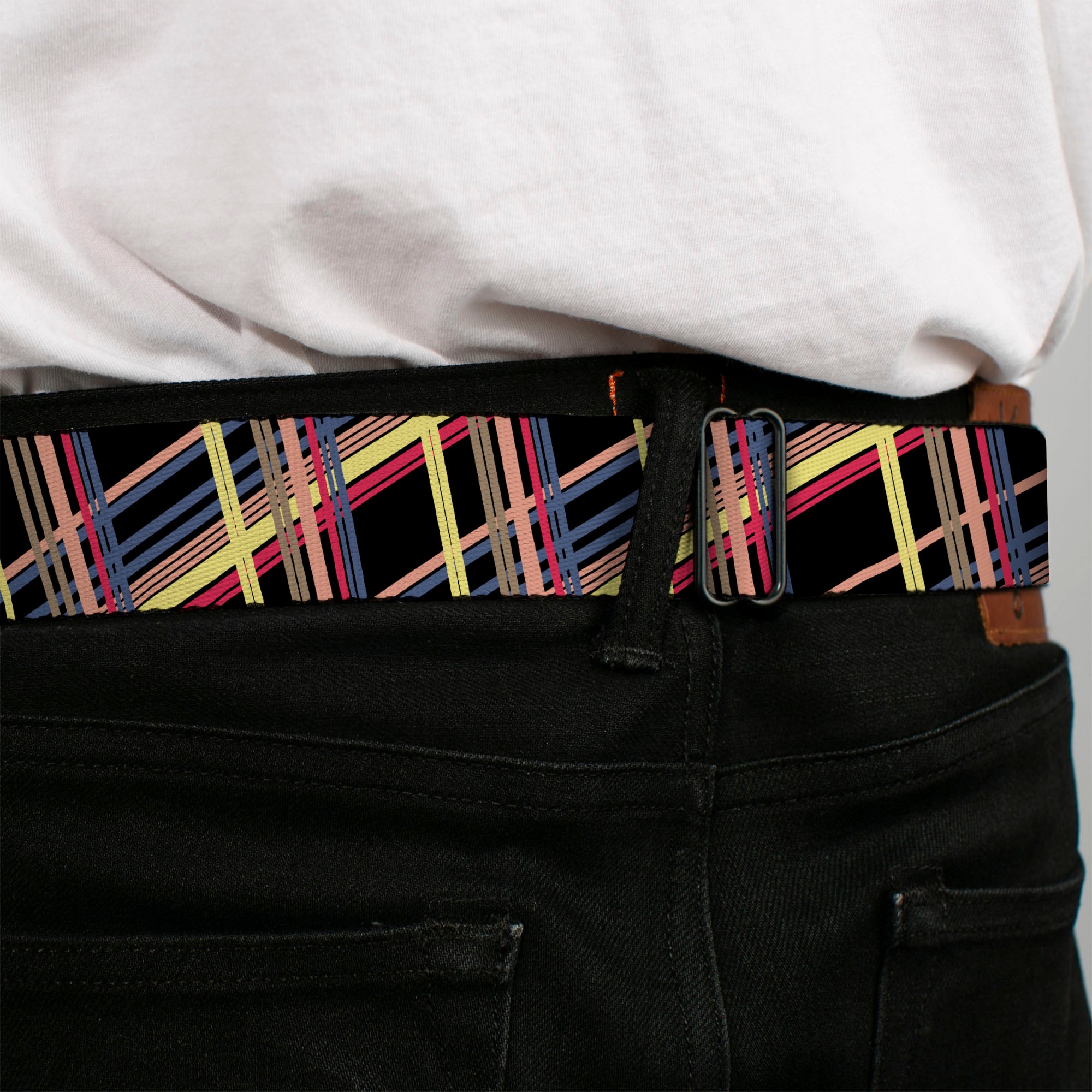 BD Wings Logo CLOSE-UP Full Color Black Silver Seatbelt Belt - Plaid Black/Yellow/Red/Blue/Orange Webbing Seatbelt Belts Buckle-Down