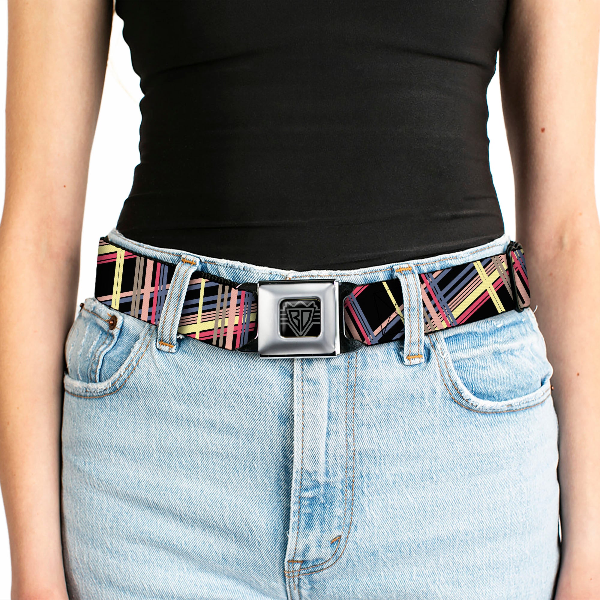 BD Wings Logo CLOSE-UP Full Color Black Silver Seatbelt Belt - Plaid Black/Yellow/Red/Blue/Orange Webbing Seatbelt Belts Buckle-Down