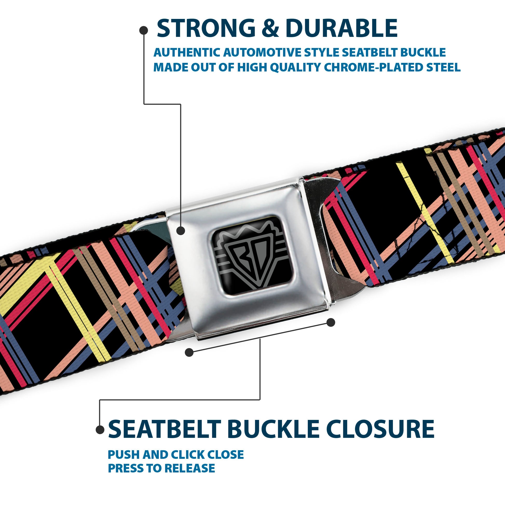 BD Wings Logo CLOSE-UP Full Color Black Silver Seatbelt Belt - Plaid Black/Yellow/Red/Blue/Orange Webbing Seatbelt Belts Buckle-Down