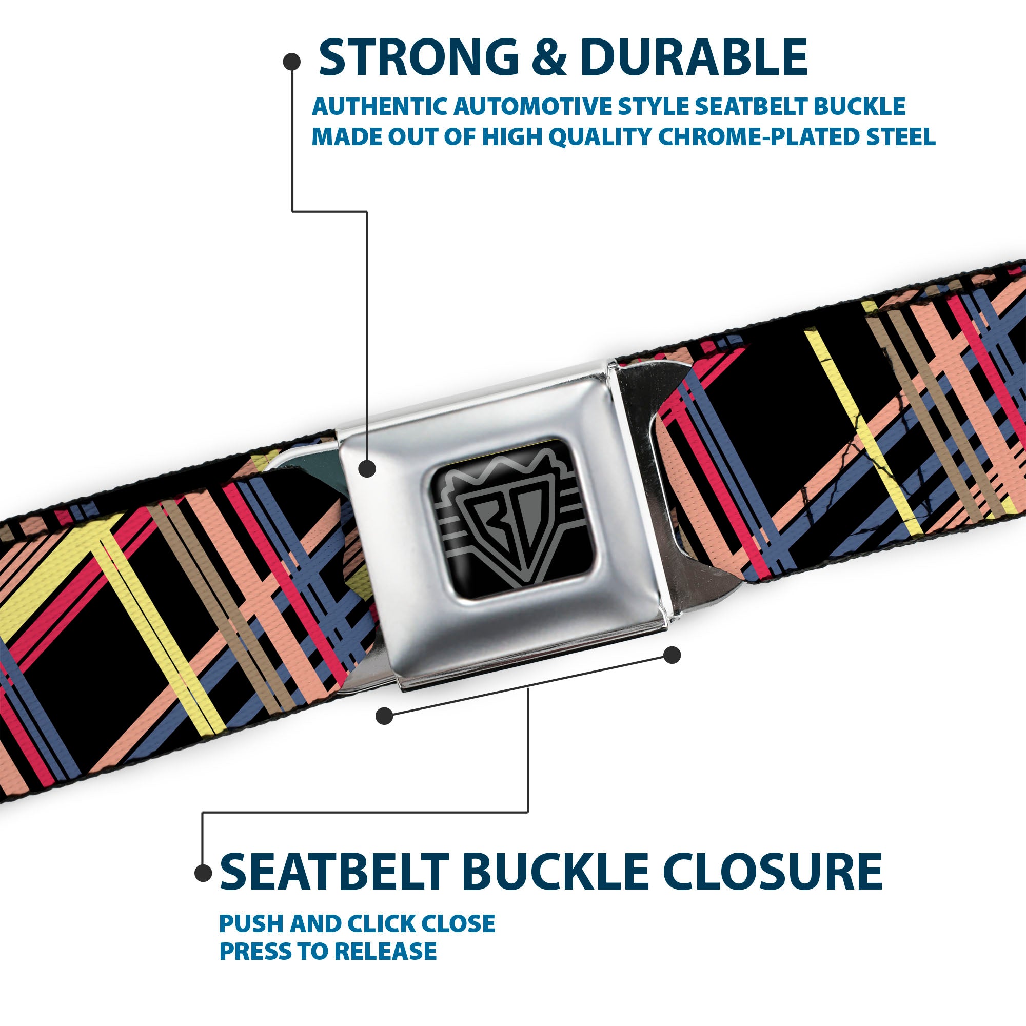 BD Wings Logo CLOSE-UP Full Color Black Silver Seatbelt Belt - Plaid Black/Yellow/Red/Blue/Orange Webbing Seatbelt Belts Buckle-Down