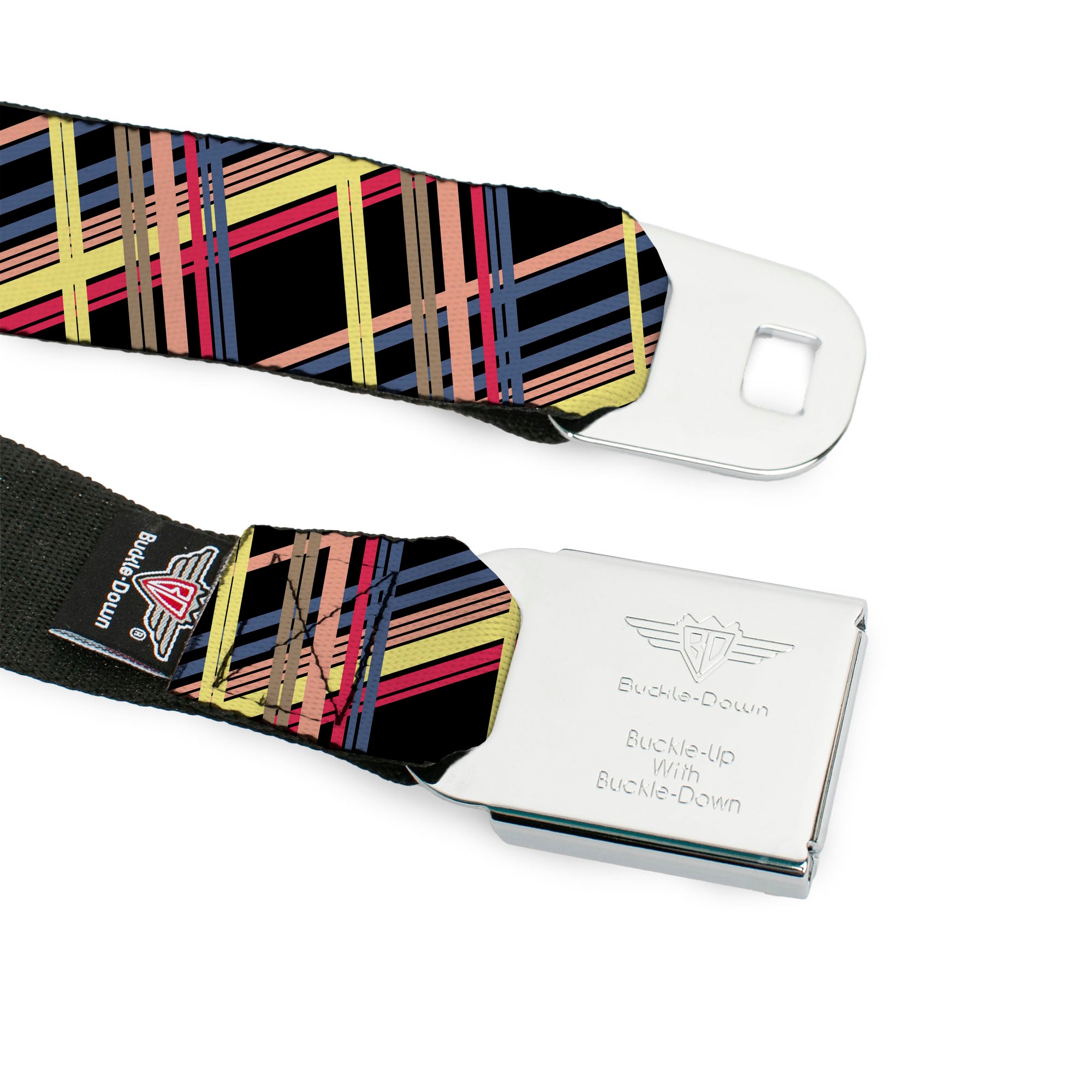 BD Wings Logo CLOSE-UP Full Color Black Silver Seatbelt Belt - Plaid Black/Yellow/Red/Blue/Orange Webbing Seatbelt Belts Buckle-Down