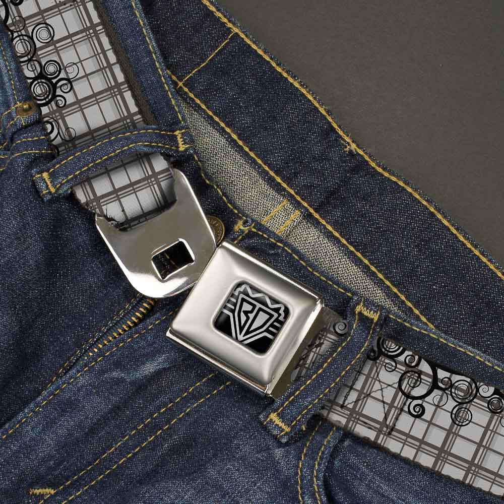 BD Wings Logo CLOSE-UP Full Color Black Silver Seatbelt Belt - Plaid Curls Gray Webbing Seatbelt Belts Buckle-Down