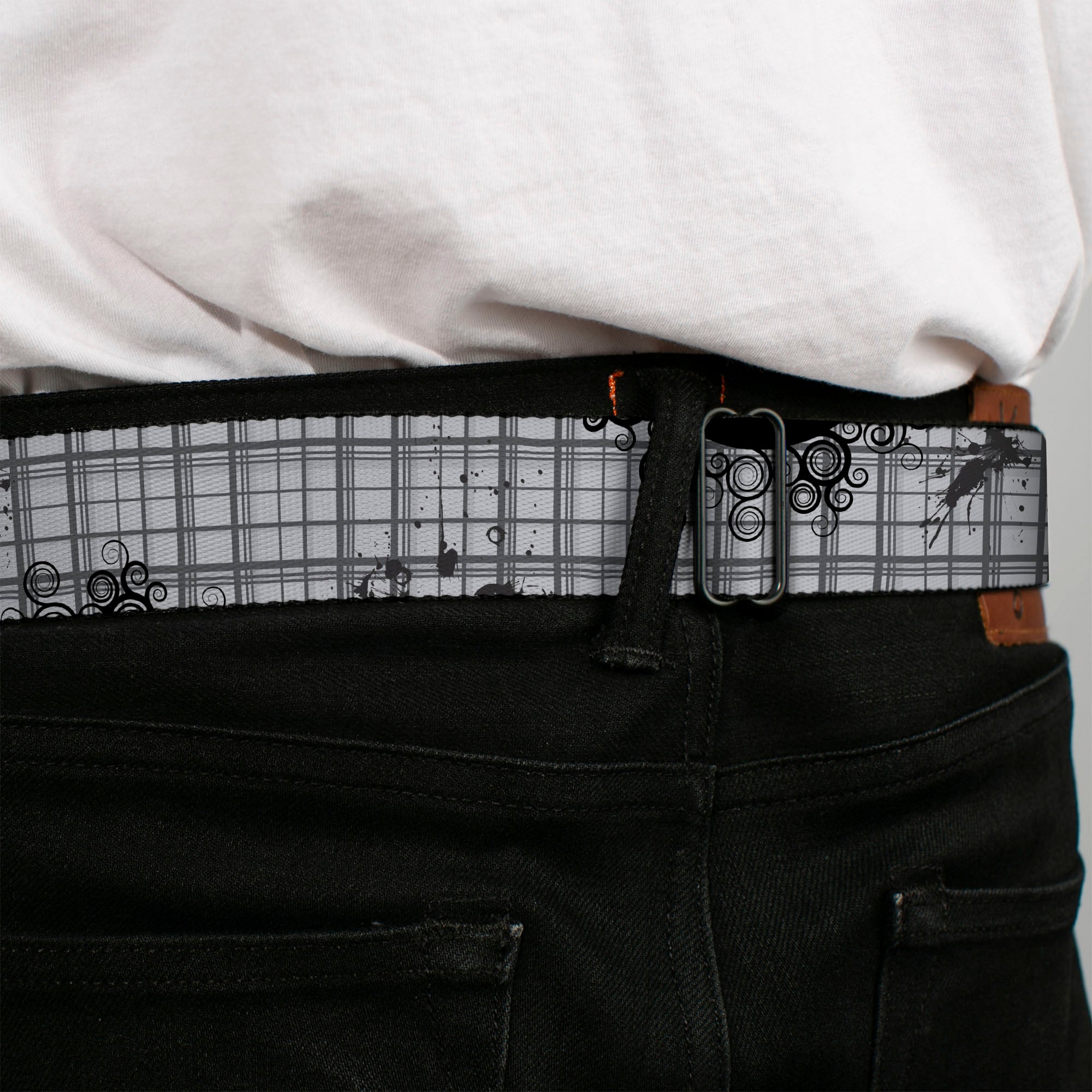 BD Wings Logo CLOSE-UP Full Color Black Silver Seatbelt Belt - Plaid Curls Gray Webbing Seatbelt Belts Buckle-Down