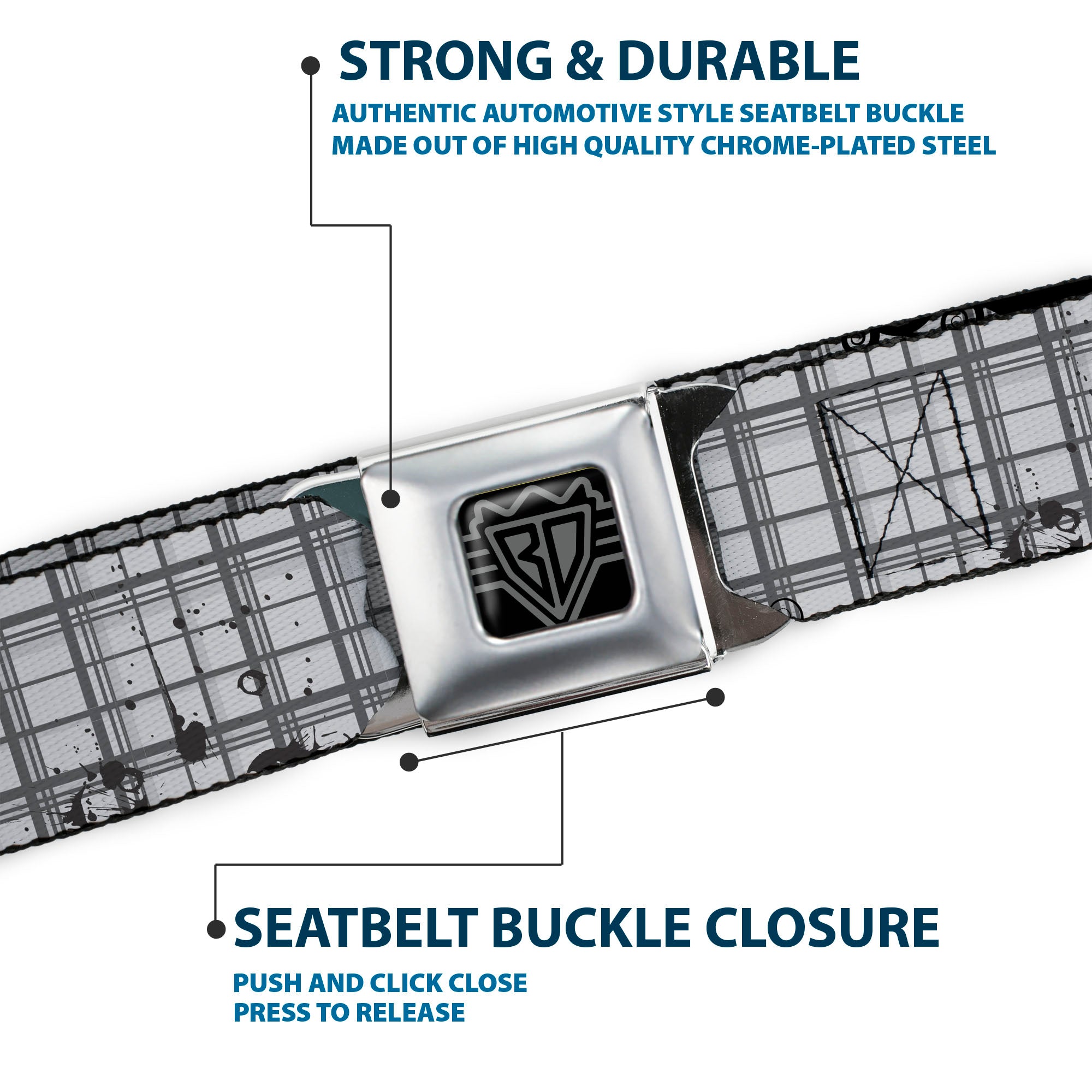 BD Wings Logo CLOSE-UP Full Color Black Silver Seatbelt Belt - Plaid Curls Gray Webbing Seatbelt Belts Buckle-Down
