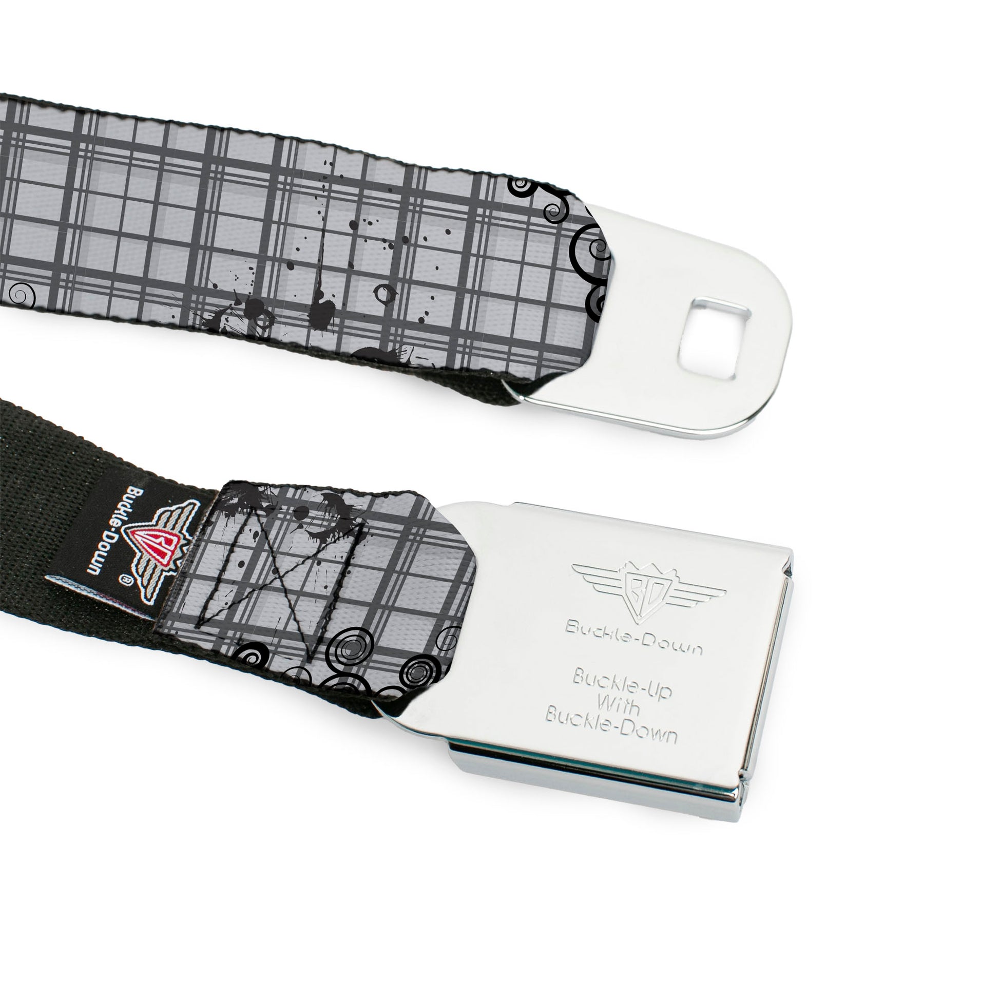 BD Wings Logo CLOSE-UP Full Color Black Silver Seatbelt Belt - Plaid Curls Gray Webbing Seatbelt Belts Buckle-Down