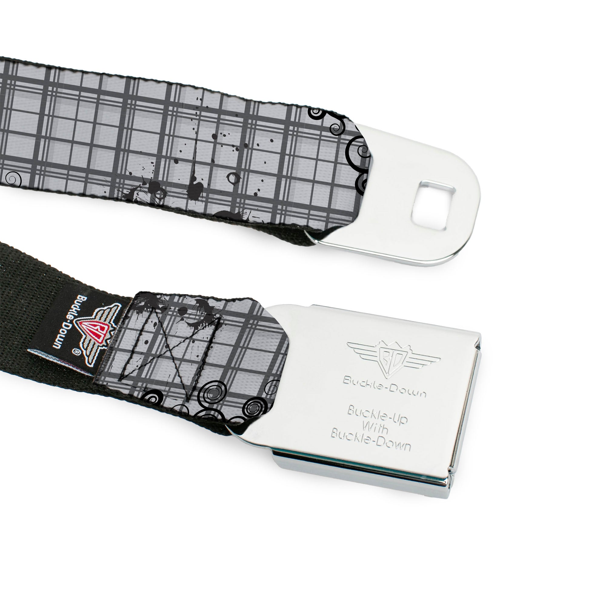 BD Wings Logo CLOSE-UP Full Color Black Silver Seatbelt Belt - Plaid Curls Gray Webbing Seatbelt Belts Buckle-Down