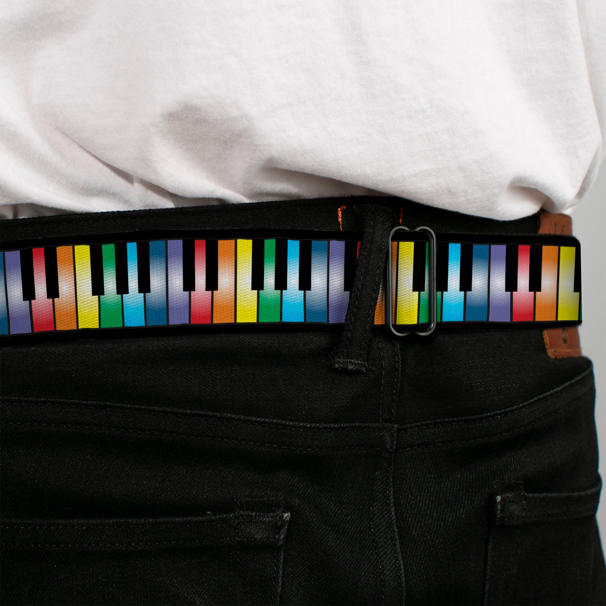 BD Wings Logo CLOSE-UP Full Color Black Silver Seatbelt Belt - Piano Keys Rainbow Webbing Seatbelt Belts Buckle-Down