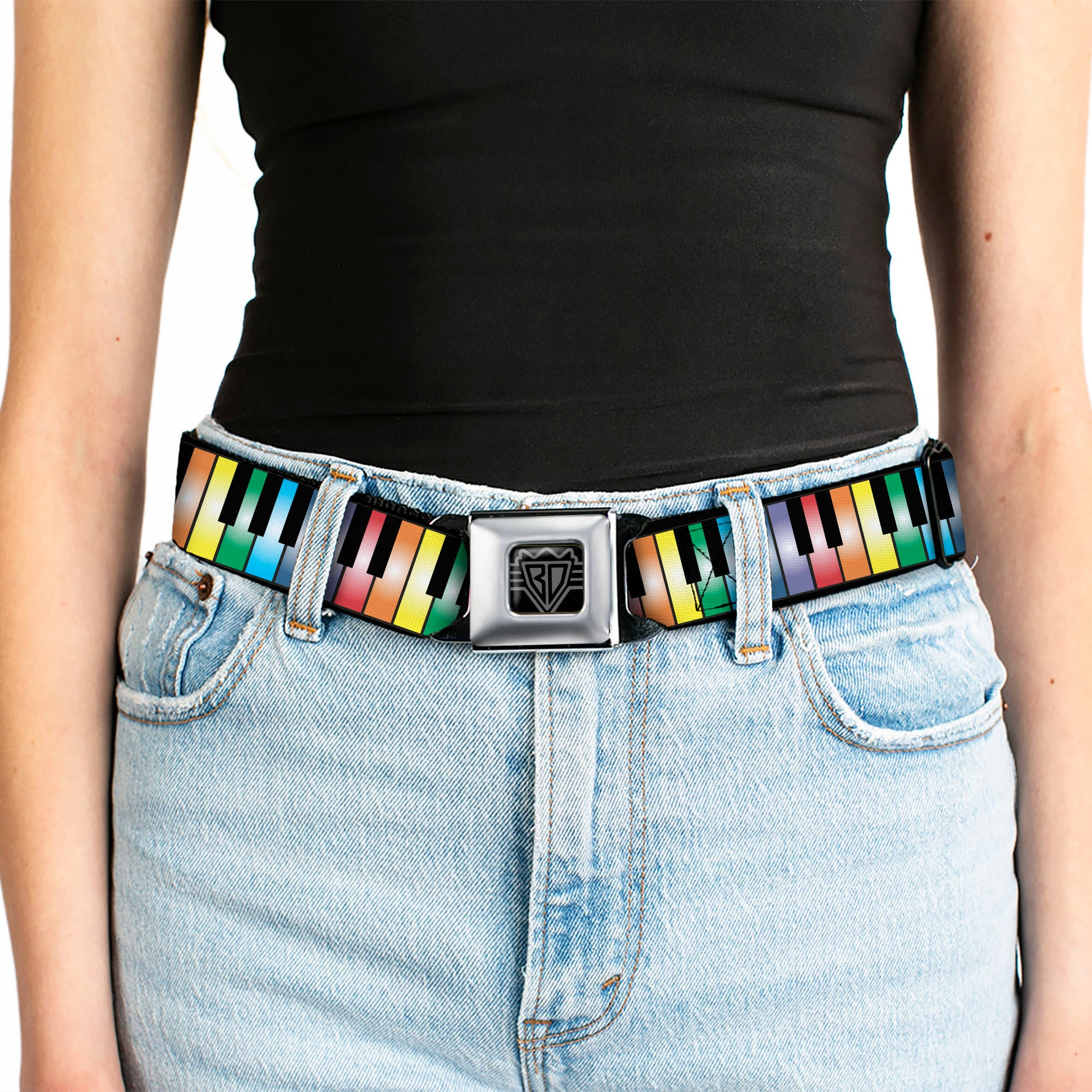 BD Wings Logo CLOSE-UP Full Color Black Silver Seatbelt Belt - Piano Keys Rainbow Webbing Seatbelt Belts Buckle-Down