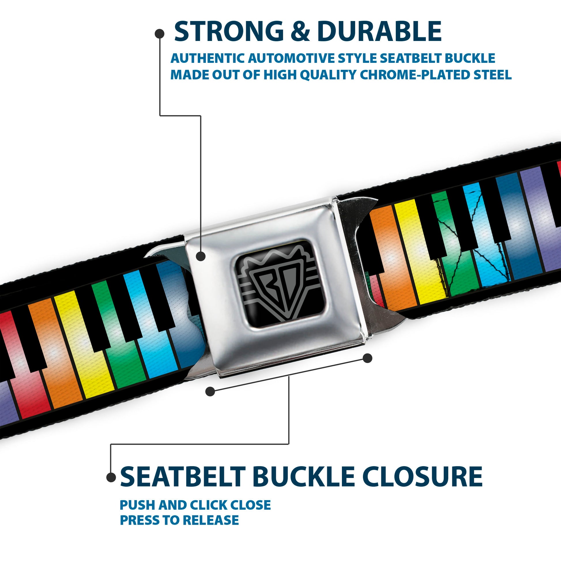 BD Wings Logo CLOSE-UP Full Color Black Silver Seatbelt Belt - Piano Keys Rainbow Webbing Seatbelt Belts Buckle-Down