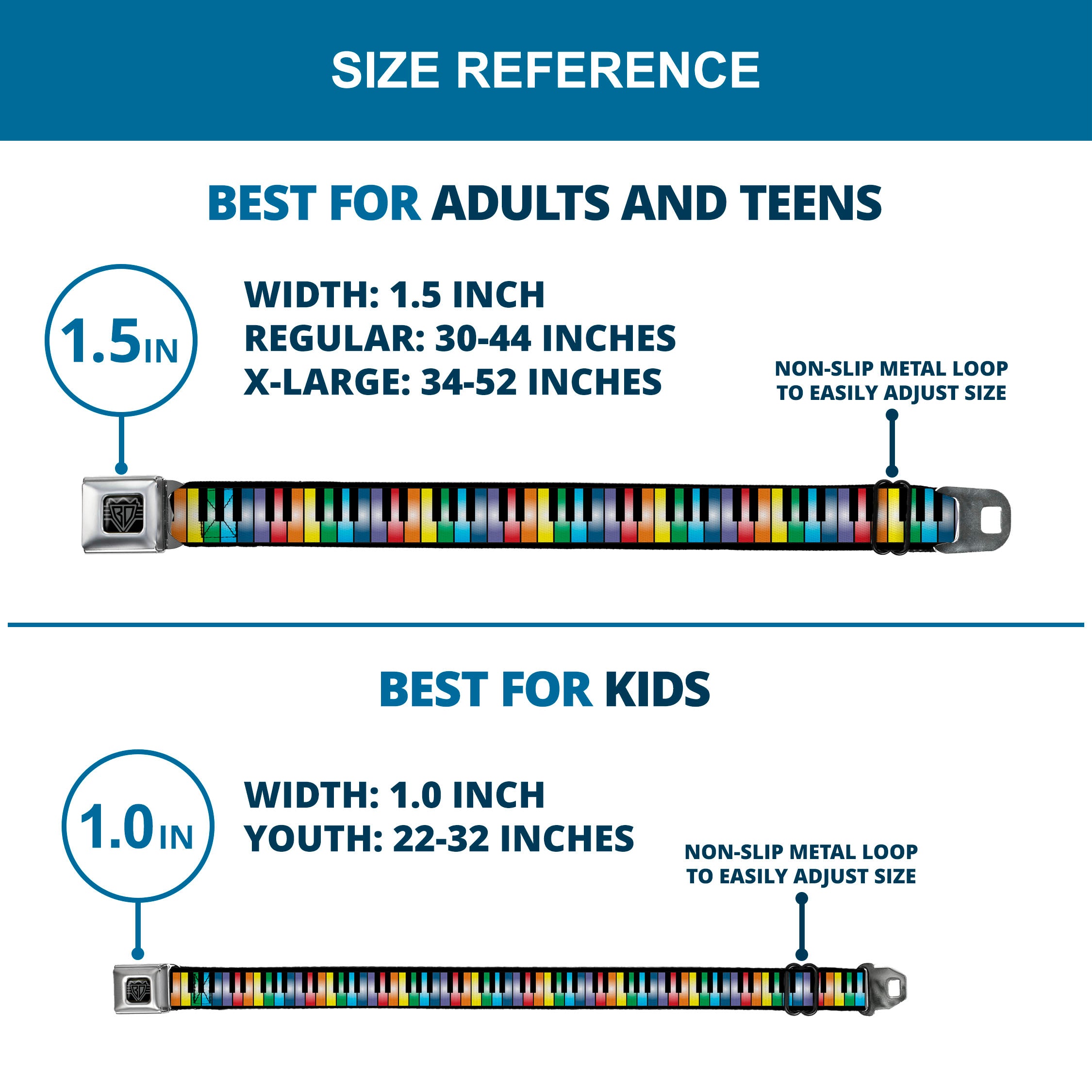 BD Wings Logo CLOSE-UP Full Color Black Silver Seatbelt Belt - Piano Keys Rainbow Webbing Seatbelt Belts Buckle-Down