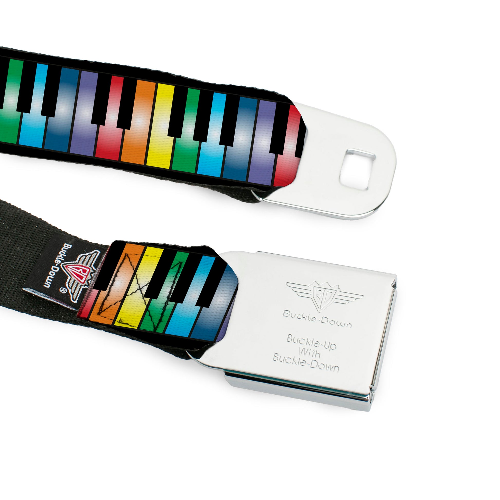 BD Wings Logo CLOSE-UP Full Color Black Silver Seatbelt Belt - Piano Keys Rainbow Webbing Seatbelt Belts Buckle-Down