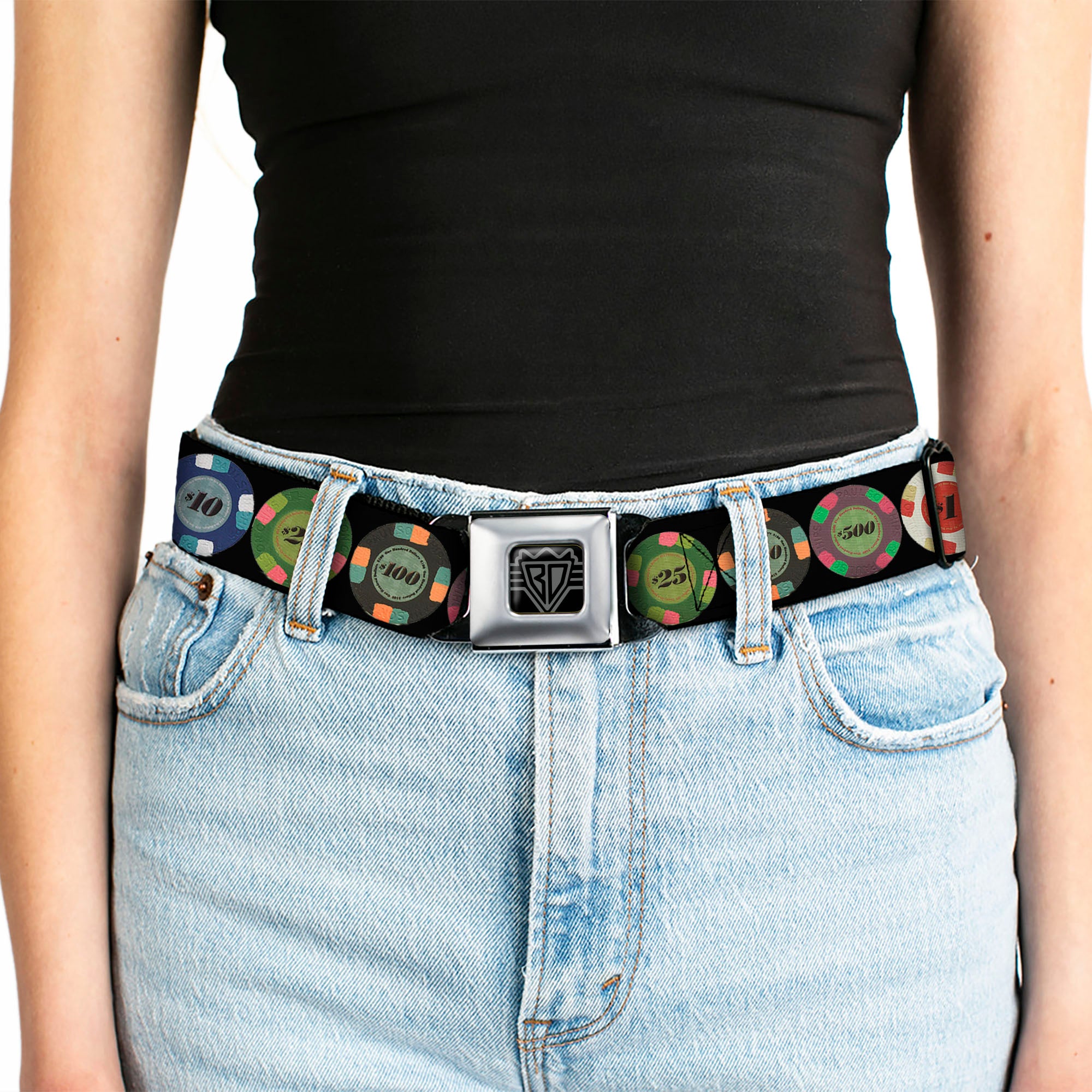 BD Wings Logo CLOSE-UP Full Color Black Silver Seatbelt Belt - Poker Chips 1 Webbing Seatbelt Belts Buckle-Down