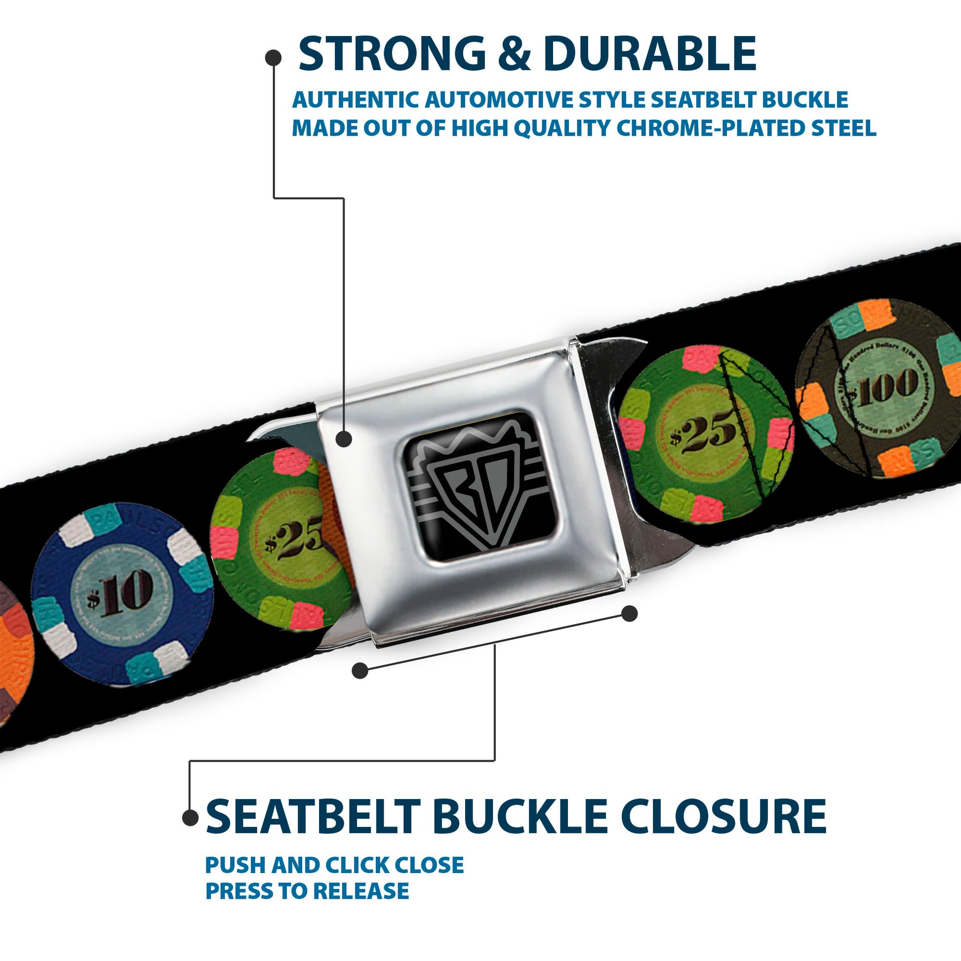 BD Wings Logo CLOSE-UP Full Color Black Silver Seatbelt Belt - Poker Chips 1 Webbing Seatbelt Belts Buckle-Down