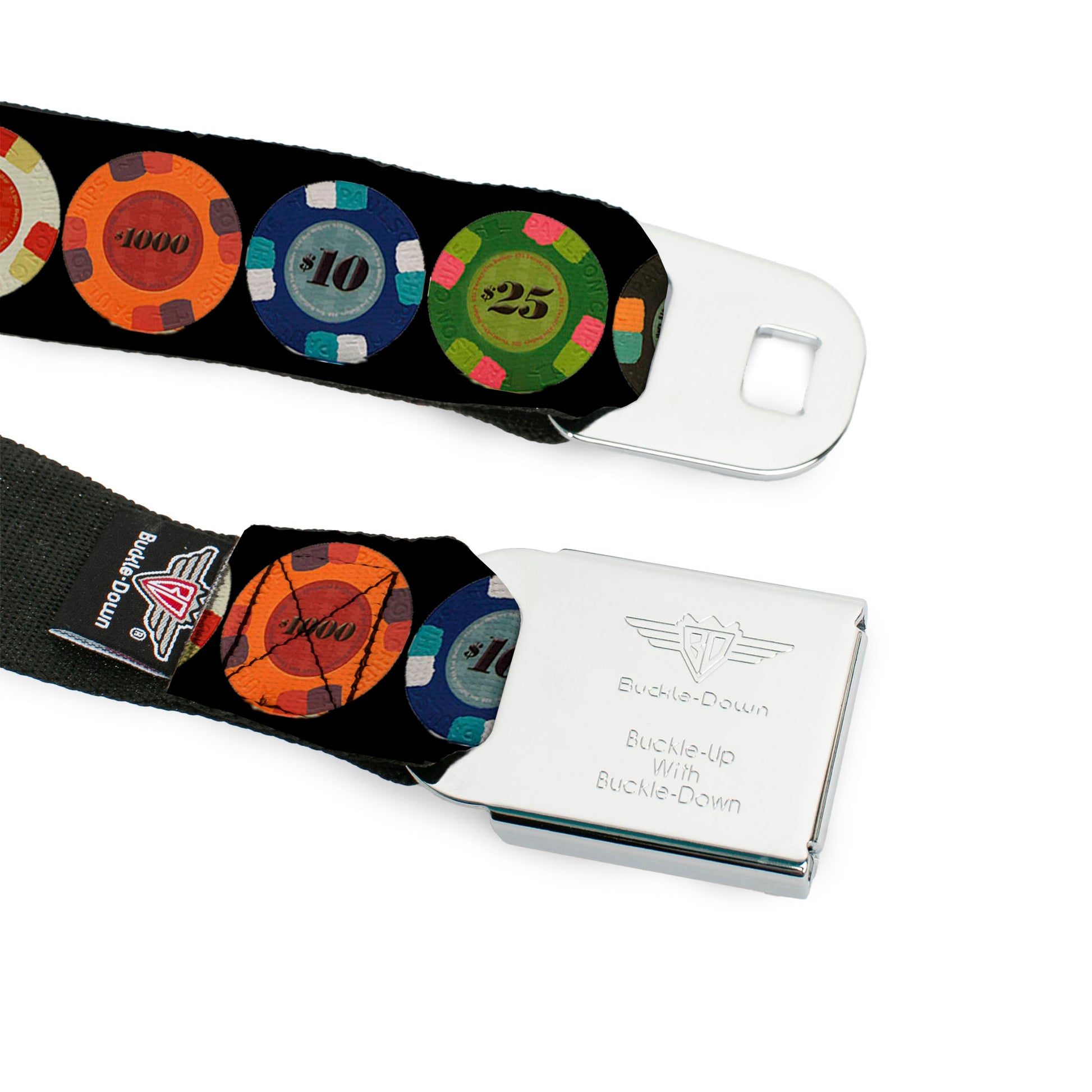 BD Wings Logo CLOSE-UP Full Color Black Silver Seatbelt Belt - Poker Chips 1 Webbing Seatbelt Belts Buckle-Down