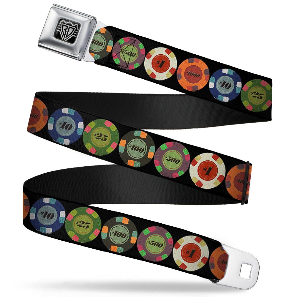 BD Wings Logo CLOSE-UP Full Color Black Silver Seatbelt Belt - Poker Chips 1 Webbing Seatbelt Belts Buckle-Down
