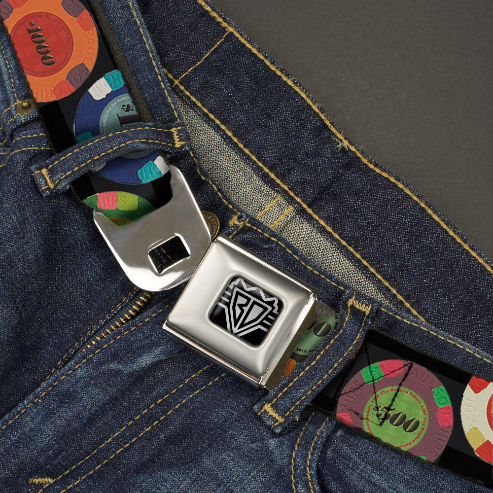BD Wings Logo CLOSE-UP Full Color Black Silver Seatbelt Belt - Poker Chips 2 Webbing Seatbelt Belts Buckle-Down