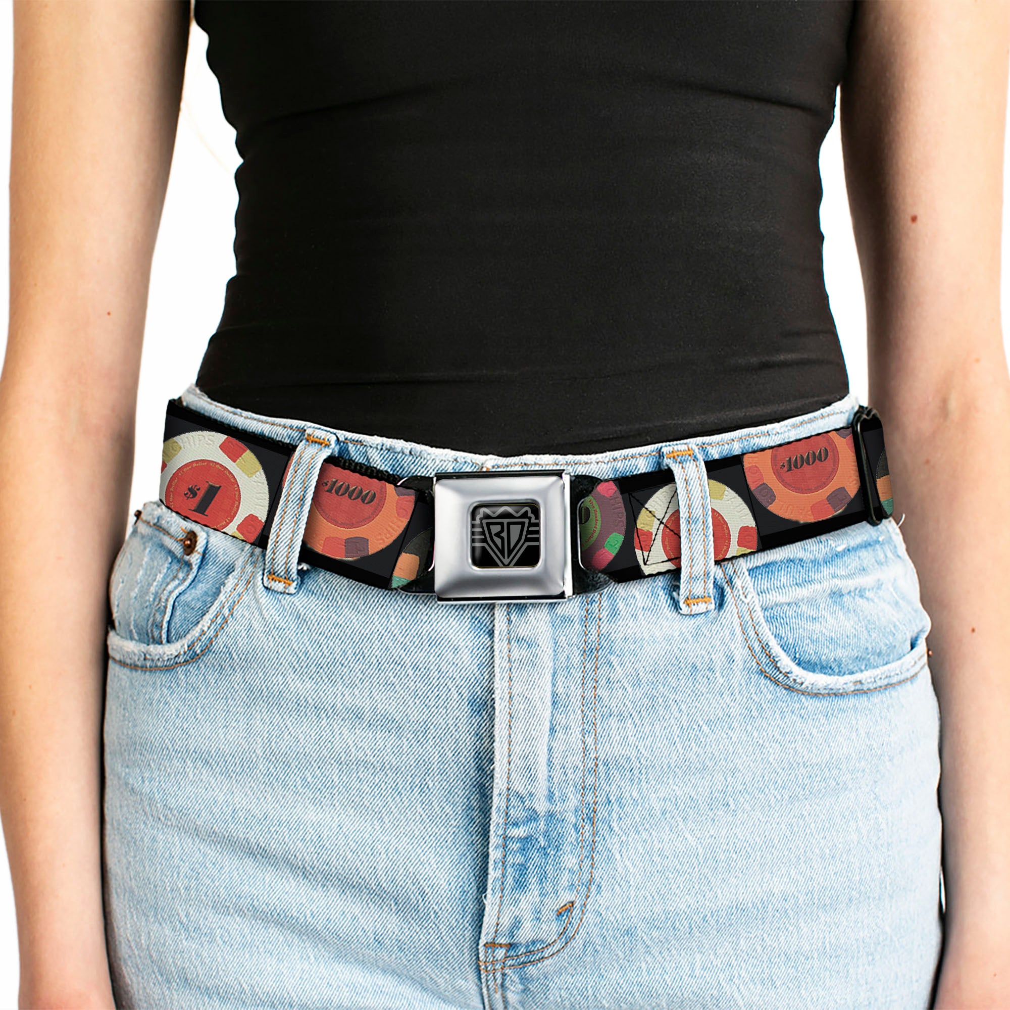 BD Wings Logo CLOSE-UP Full Color Black Silver Seatbelt Belt - Poker Chips 2 Webbing Seatbelt Belts Buckle-Down