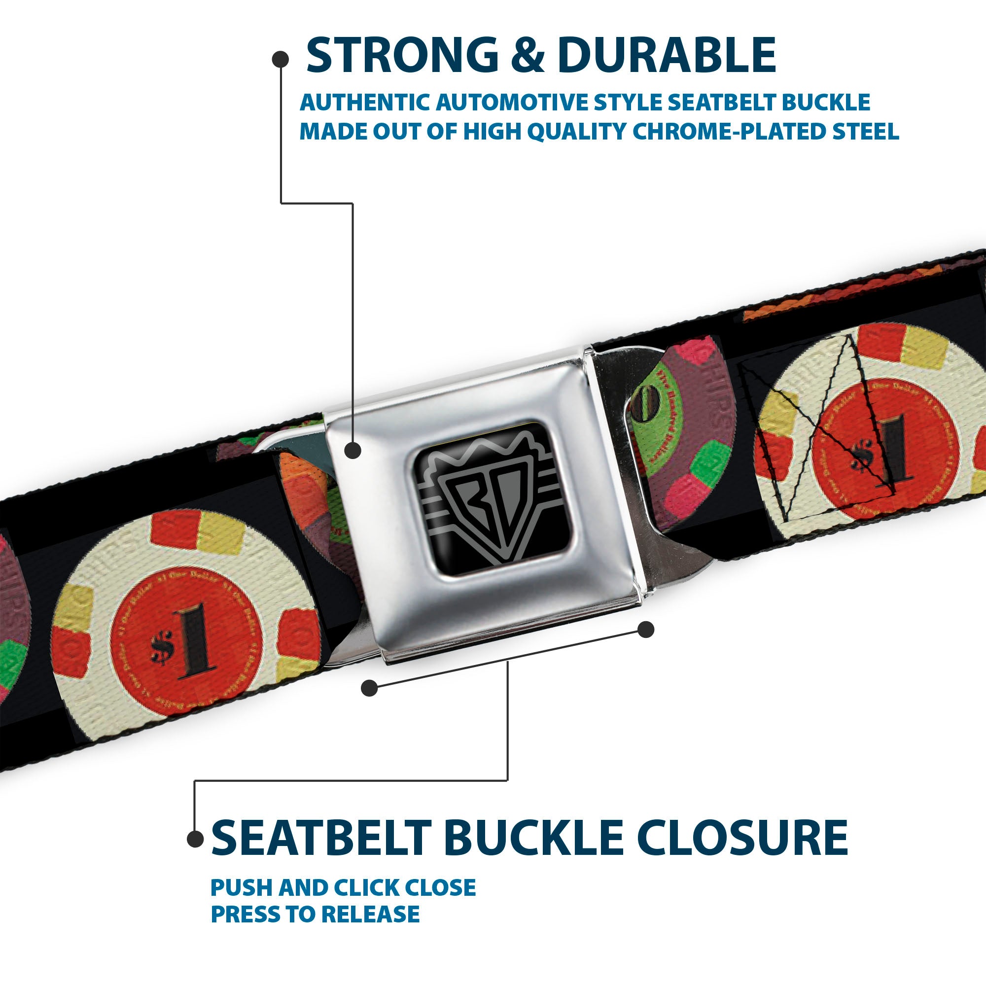 BD Wings Logo CLOSE-UP Full Color Black Silver Seatbelt Belt - Poker Chips 2 Webbing Seatbelt Belts Buckle-Down