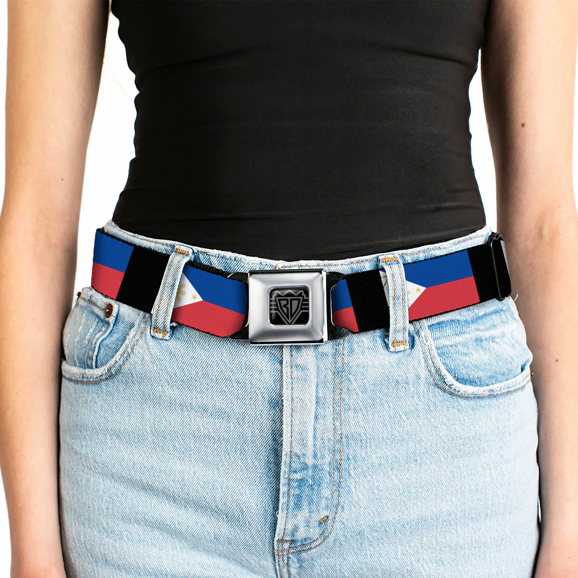 BD Wings Logo CLOSE-UP Full Color Black Silver Seatbelt Belt - Philippines Flags Webbing Seatbelt Belts Buckle-Down