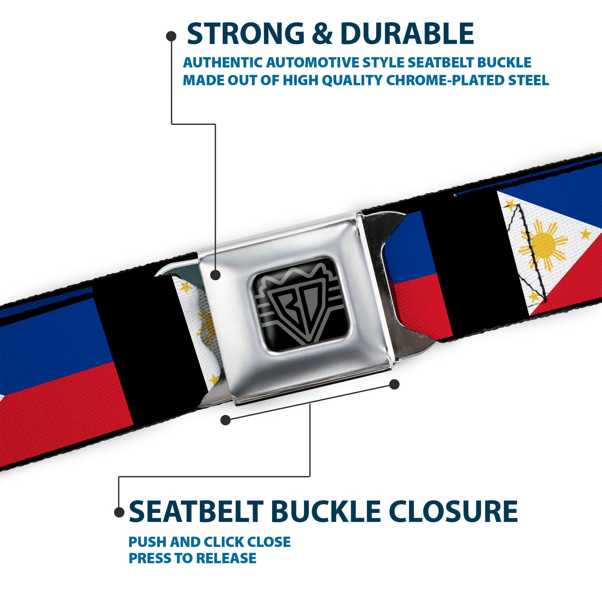BD Wings Logo CLOSE-UP Full Color Black Silver Seatbelt Belt - Philippines Flags Webbing Seatbelt Belts Buckle-Down