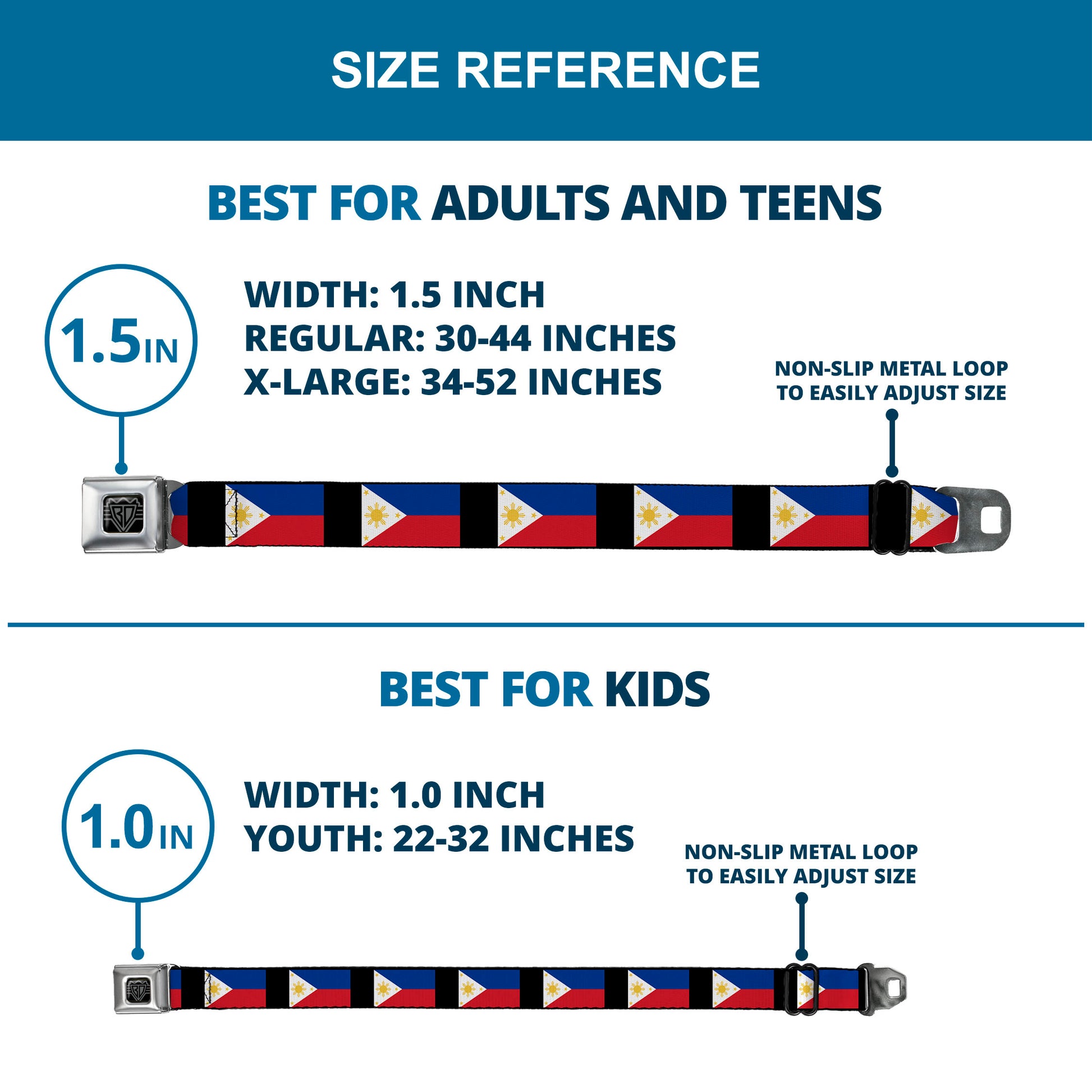 BD Wings Logo CLOSE-UP Full Color Black Silver Seatbelt Belt - Philippines Flags Webbing Seatbelt Belts Buckle-Down