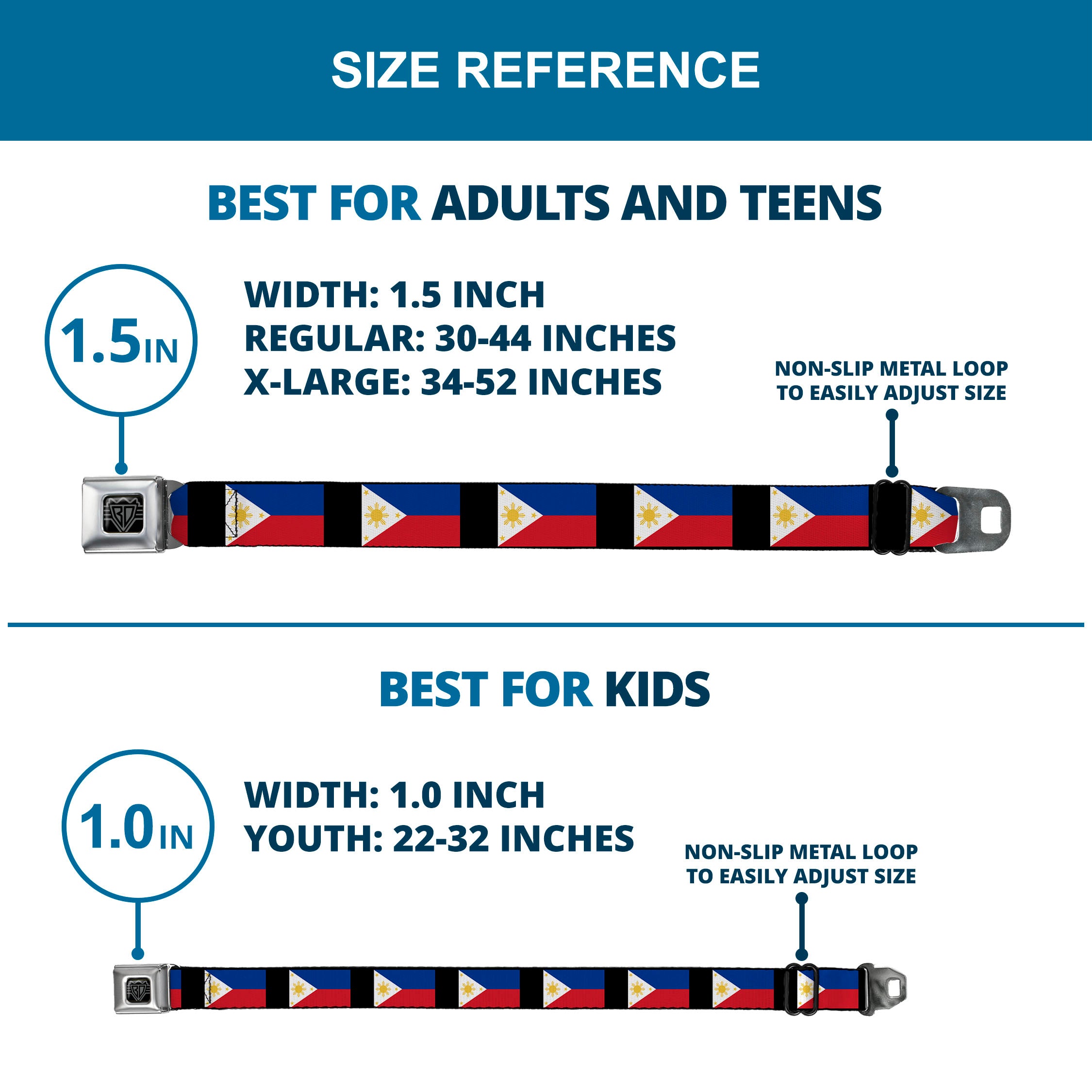 BD Wings Logo CLOSE-UP Full Color Black Silver Seatbelt Belt - Philippines Flags Webbing Seatbelt Belts Buckle-Down