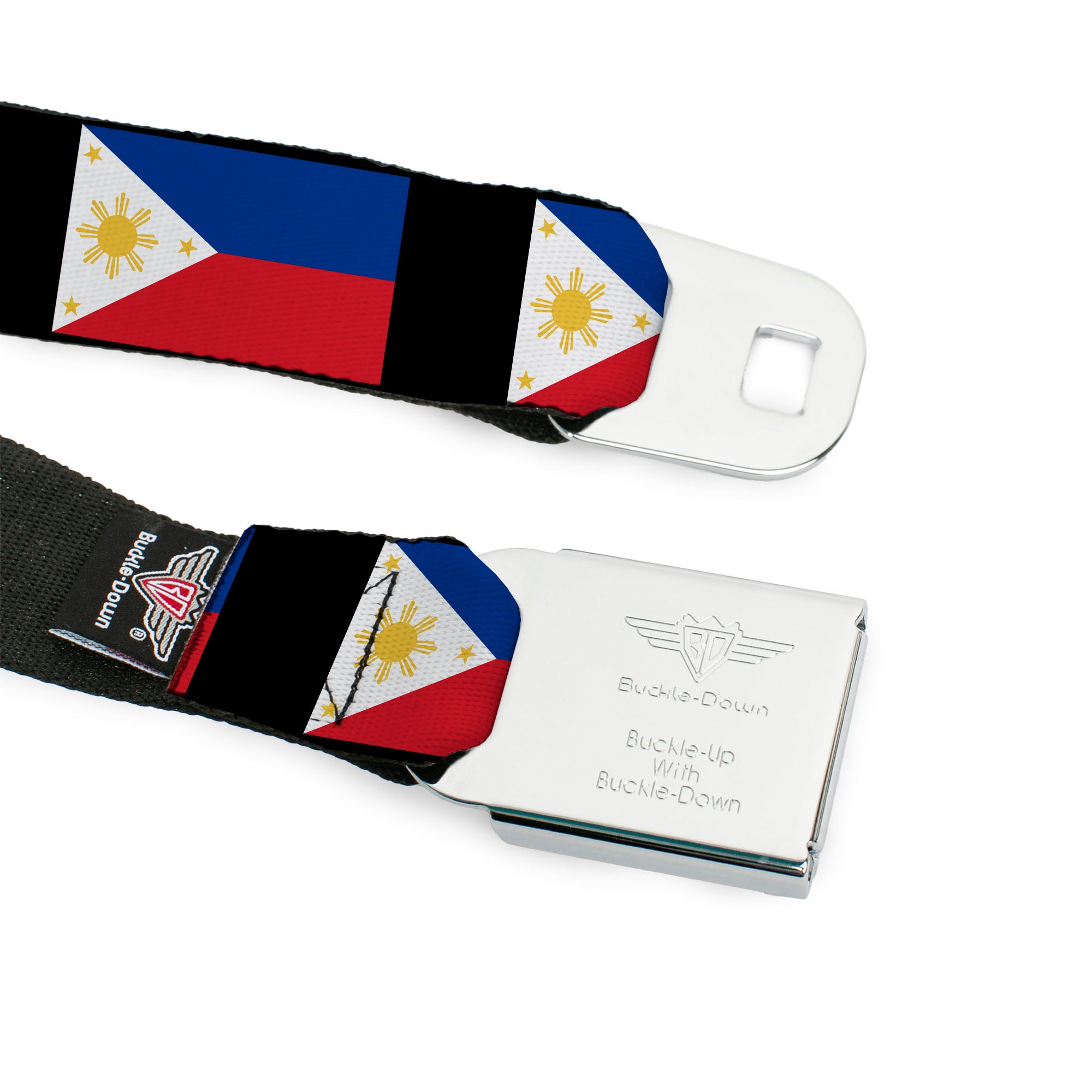 BD Wings Logo CLOSE-UP Full Color Black Silver Seatbelt Belt - Philippines Flags Webbing Seatbelt Belts Buckle-Down