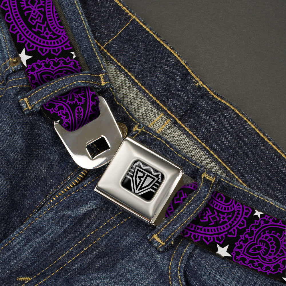 BD Wings Logo CLOSE-UP Full Color Black Silver Seatbelt Belt - Paisley Stars Black/Purple/White Webbing Seatbelt Belts Buckle-Down