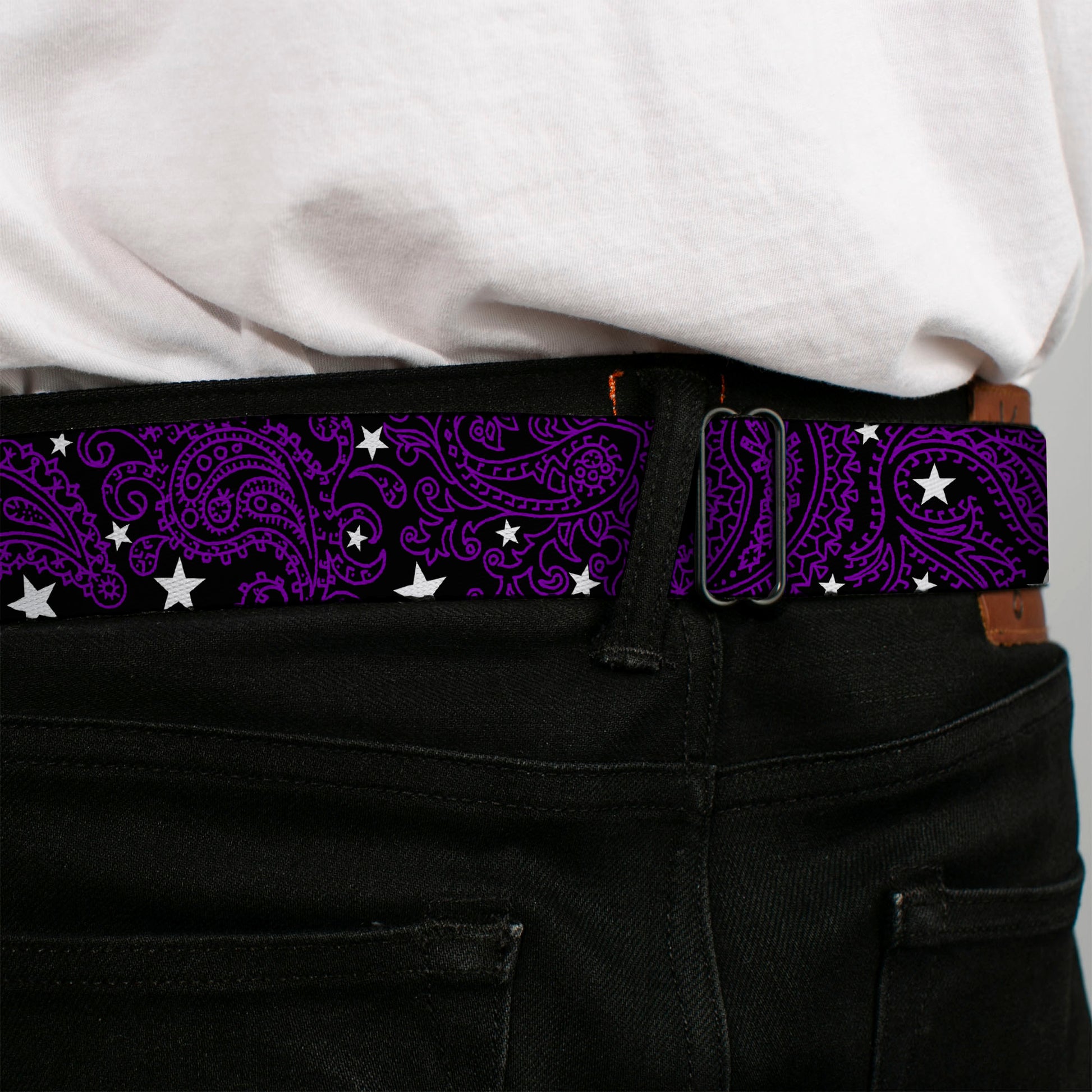 BD Wings Logo CLOSE-UP Full Color Black Silver Seatbelt Belt - Paisley Stars Black/Purple/White Webbing Seatbelt Belts Buckle-Down