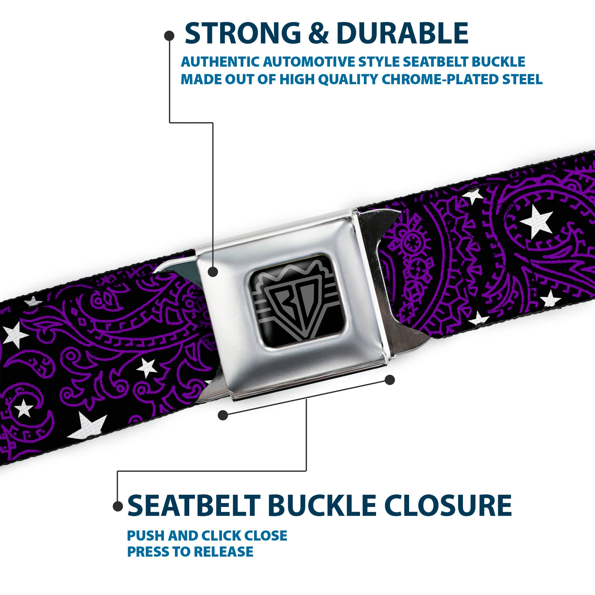 BD Wings Logo CLOSE-UP Full Color Black Silver Seatbelt Belt - Paisley Stars Black/Purple/White Webbing Seatbelt Belts Buckle-Down
