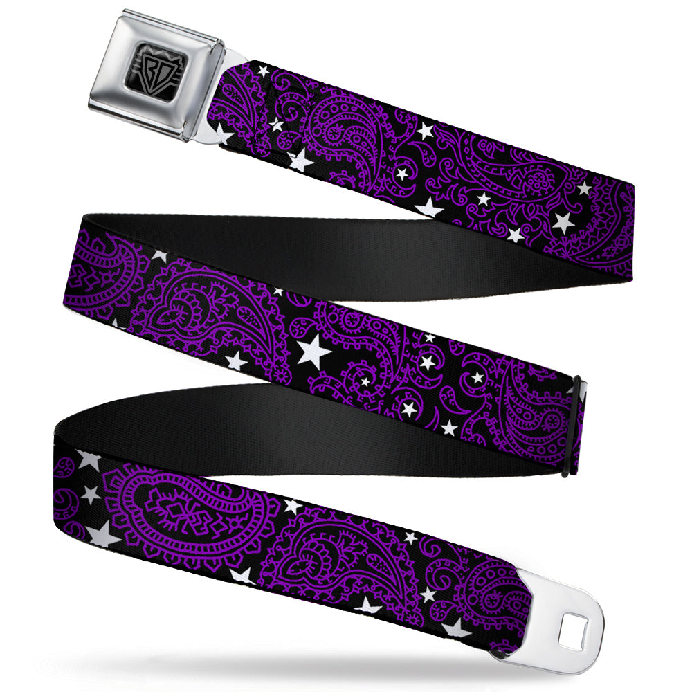 BD Wings Logo CLOSE-UP Full Color Black Silver Seatbelt Belt - Paisley Stars Black/Purple/White Webbing Seatbelt Belts Buckle-Down