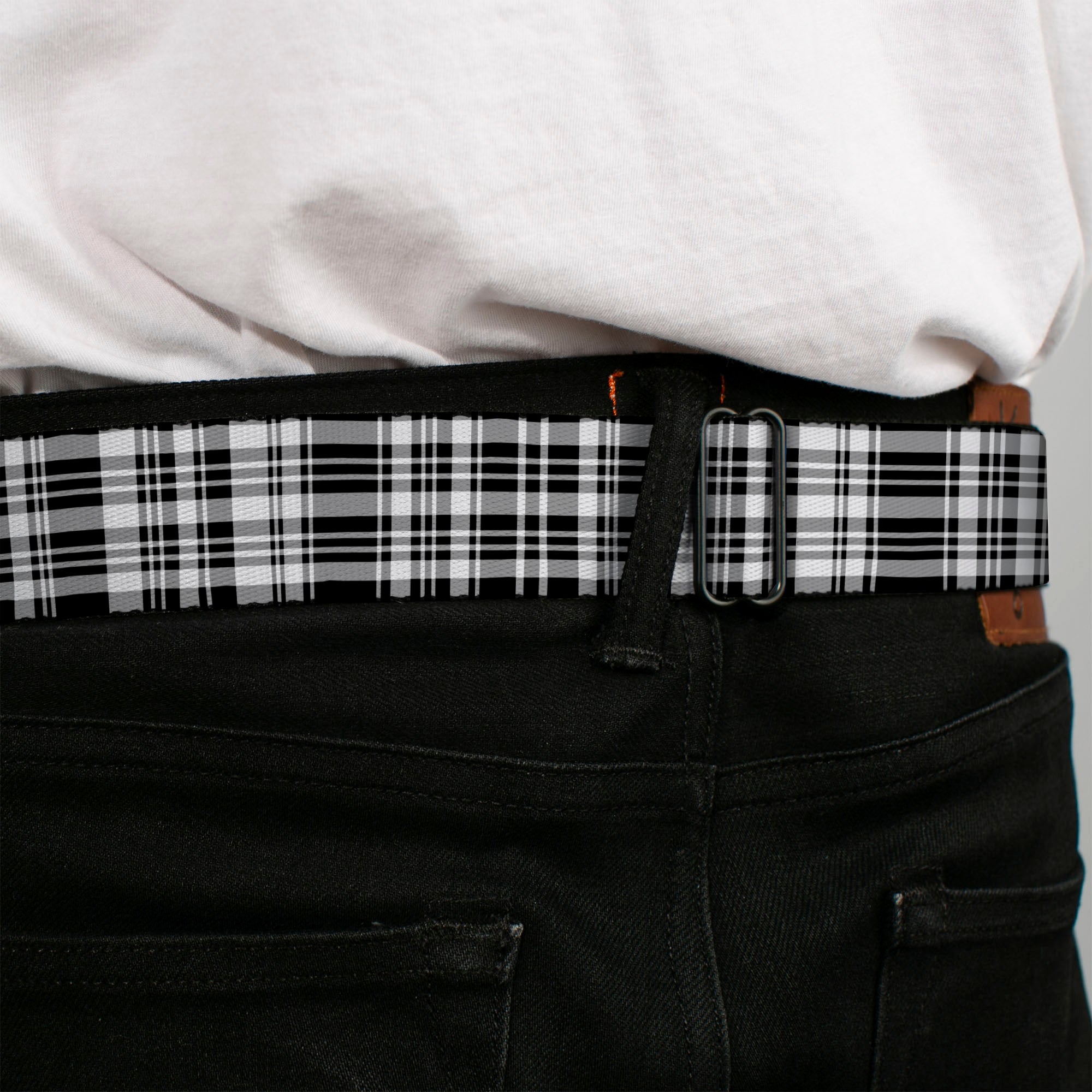 BD Wings Logo CLOSE-UP Full Color Black Silver Seatbelt Belt - Plaid Black/White Webbing Seatbelt Belts Buckle-Down