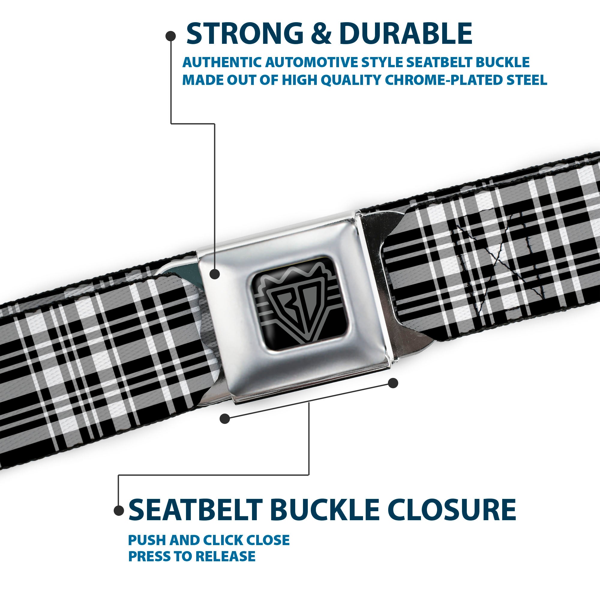 BD Wings Logo CLOSE-UP Full Color Black Silver Seatbelt Belt - Plaid Black/White Webbing Seatbelt Belts Buckle-Down