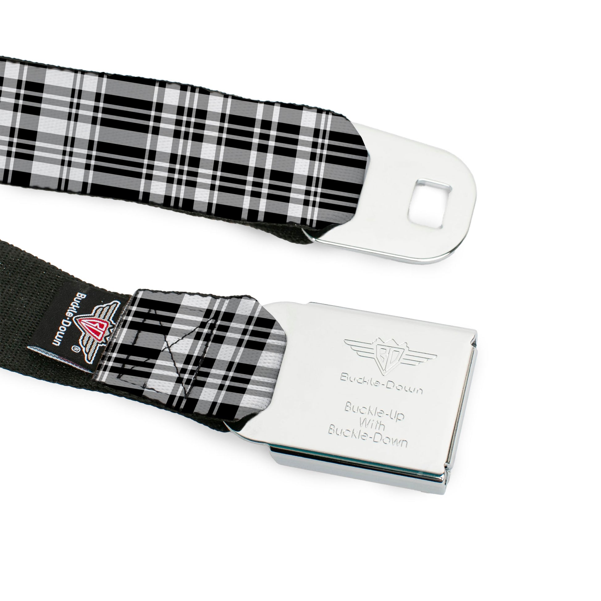 BD Wings Logo CLOSE-UP Full Color Black Silver Seatbelt Belt - Plaid Black/White Webbing Seatbelt Belts Buckle-Down