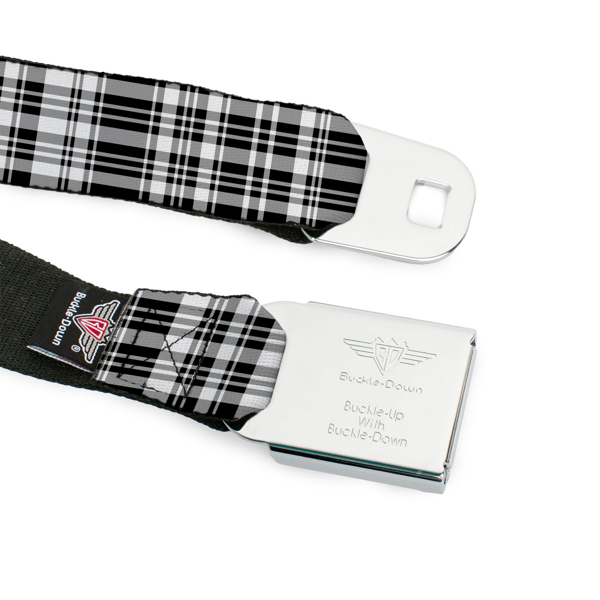 BD Wings Logo CLOSE-UP Full Color Black Silver Seatbelt Belt - Plaid Black/White Webbing Seatbelt Belts Buckle-Down