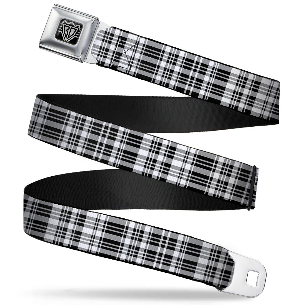 BD Wings Logo CLOSE-UP Full Color Black Silver Seatbelt Belt - Plaid Black/White Webbing Seatbelt Belts Buckle-Down