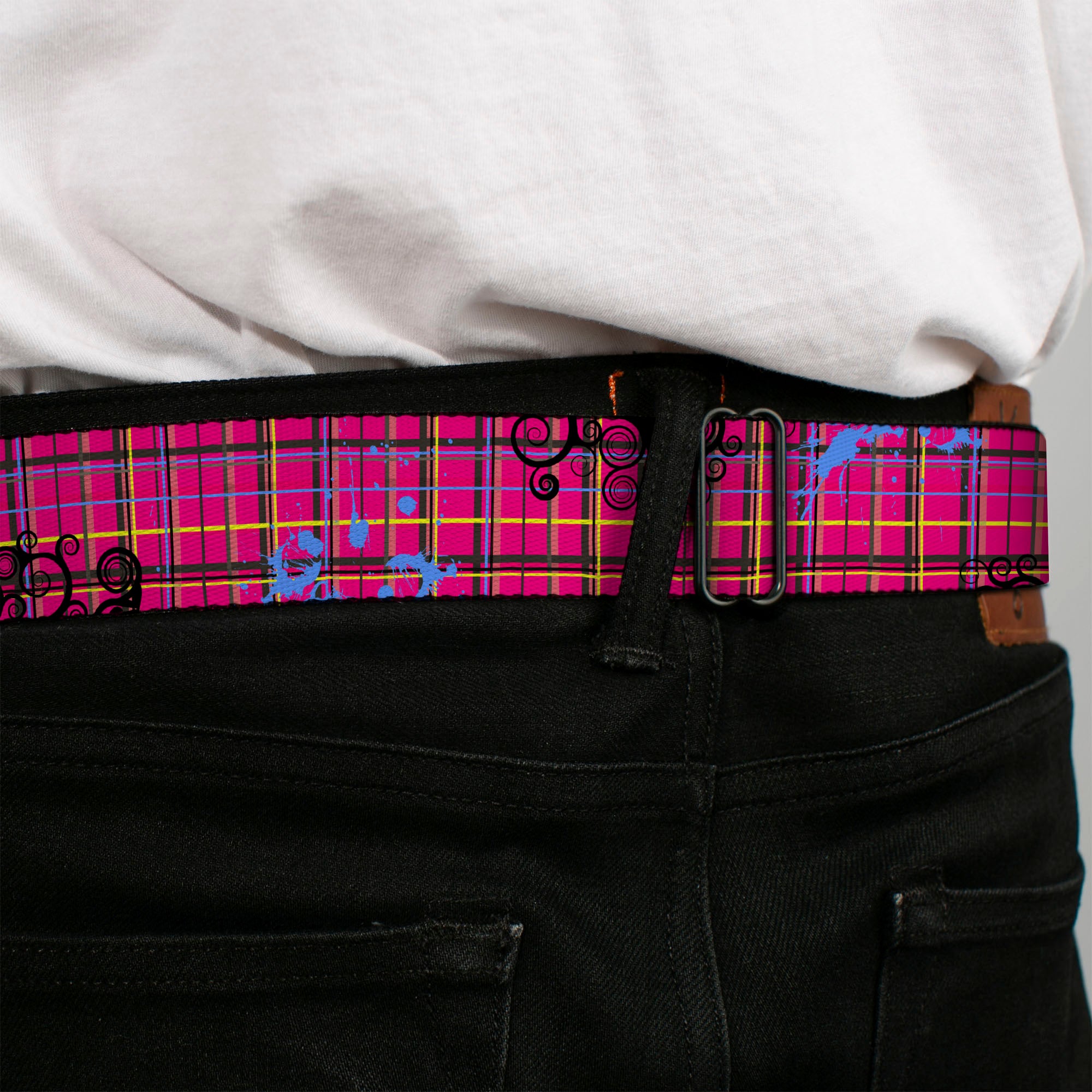 BD Wings Logo CLOSE-UP Full Color Black Silver Seatbelt Belt - Plaid Curls Pink/Black/Yellow/Blue Webbing Seatbelt Belts Buckle-Down