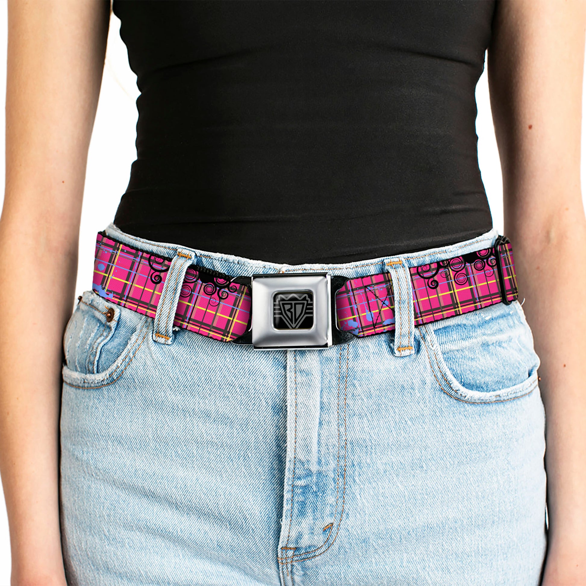 BD Wings Logo CLOSE-UP Full Color Black Silver Seatbelt Belt - Plaid Curls Pink/Black/Yellow/Blue Webbing Seatbelt Belts Buckle-Down