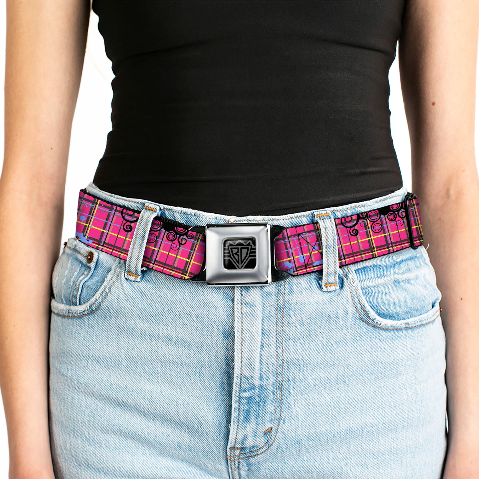 BD Wings Logo CLOSE-UP Full Color Black Silver Seatbelt Belt - Plaid Curls Pink/Black/Yellow/Blue Webbing Seatbelt Belts Buckle-Down