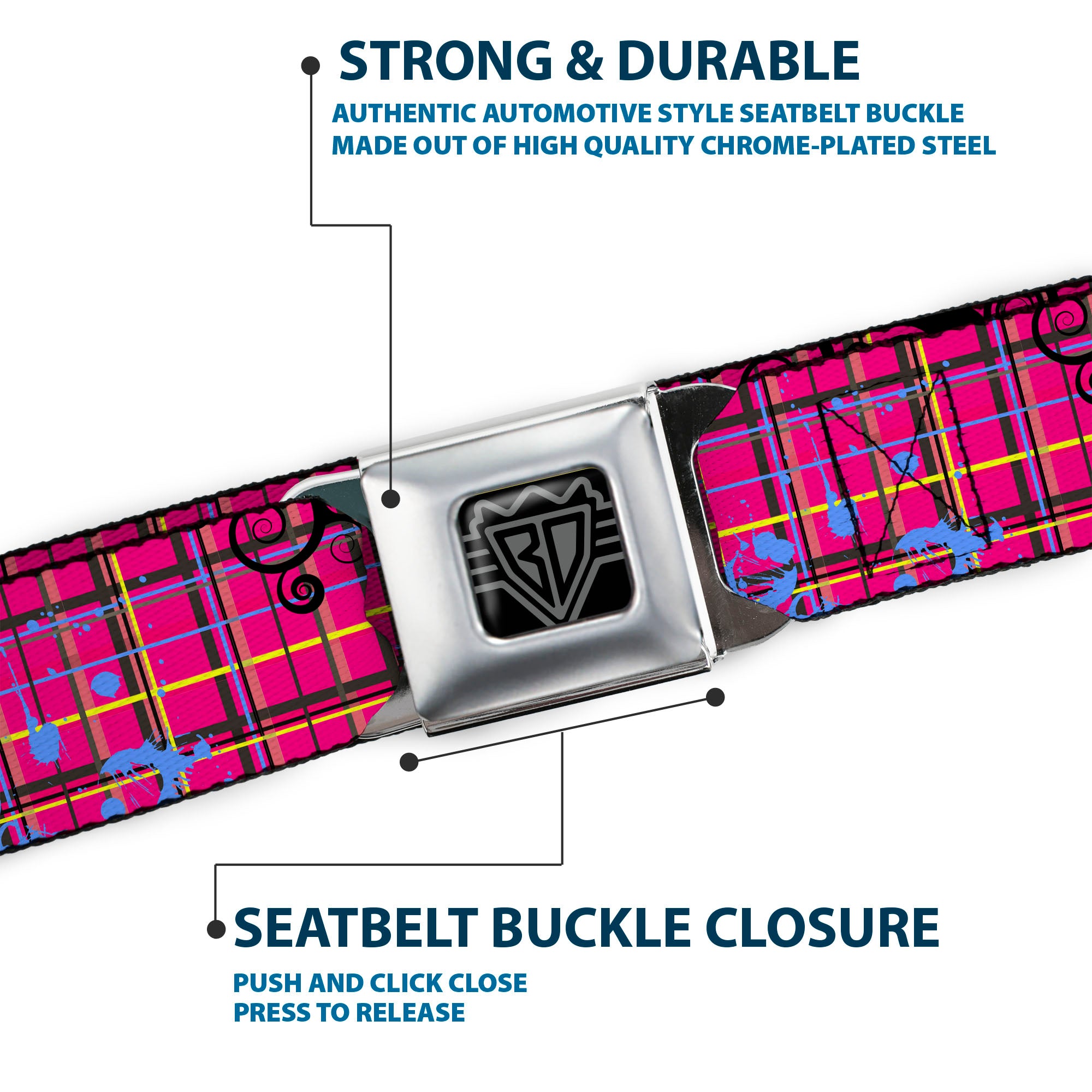 BD Wings Logo CLOSE-UP Full Color Black Silver Seatbelt Belt - Plaid Curls Pink/Black/Yellow/Blue Webbing Seatbelt Belts Buckle-Down